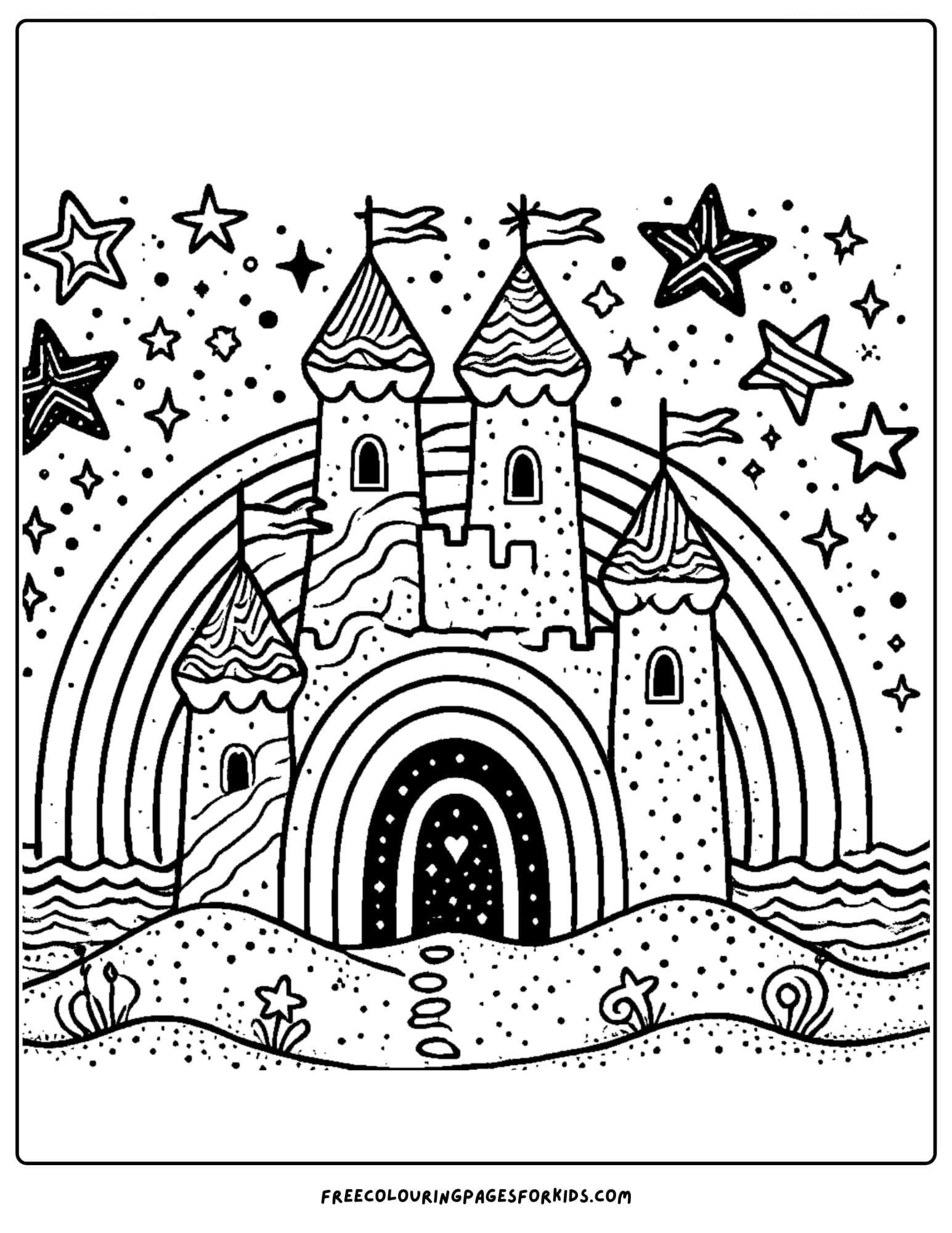 sandcastle with magic rainbow coloring page