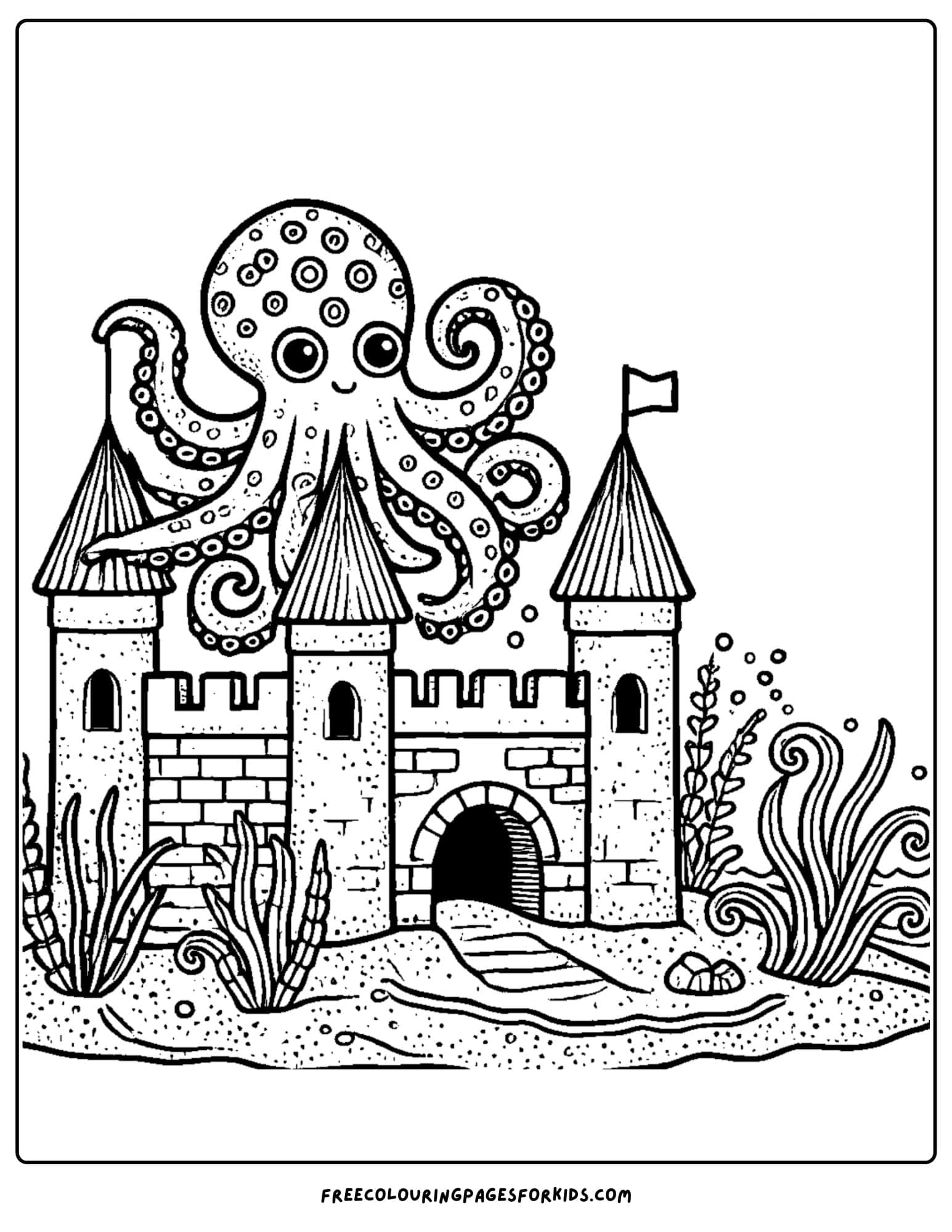 sandcastle with an octopus coloring page