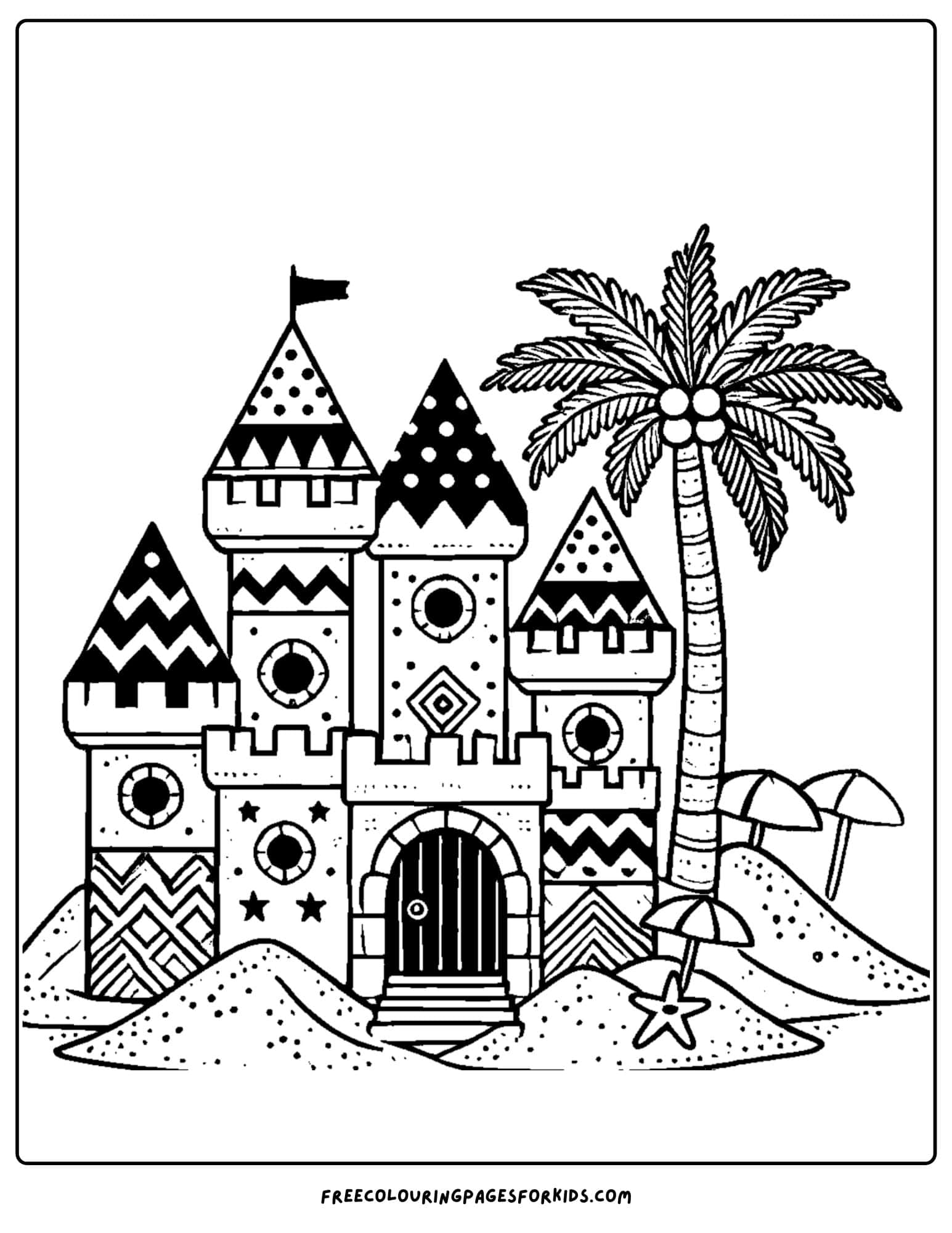 sandcastle with a palm tree coloring page