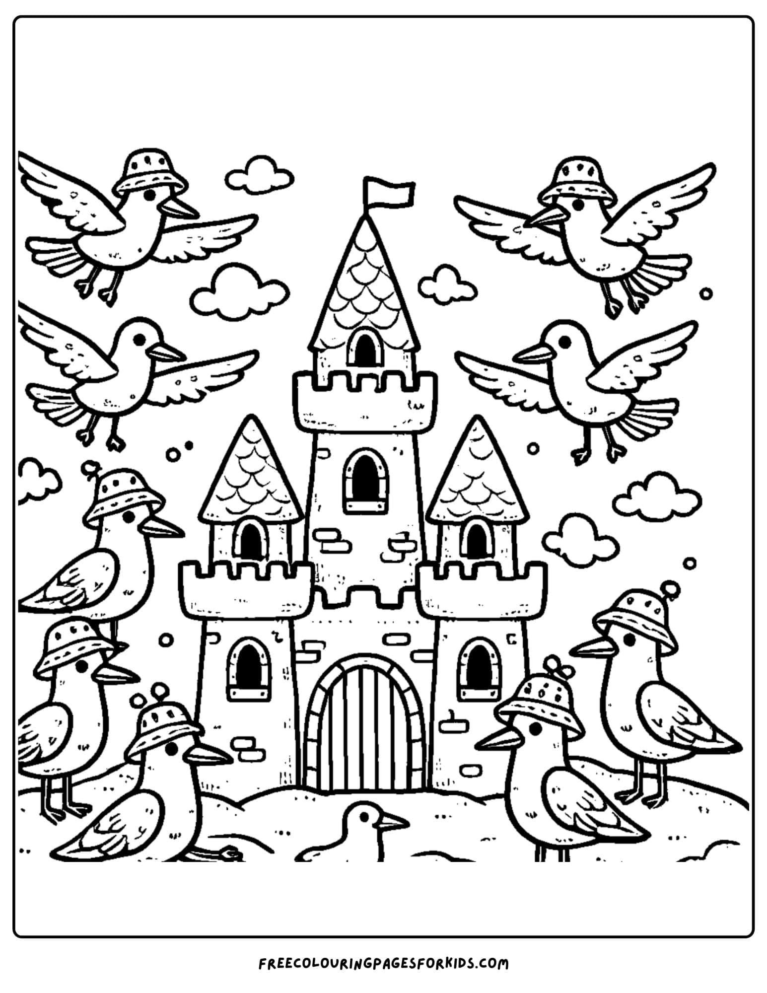 sandcastle with seagulls coloring page