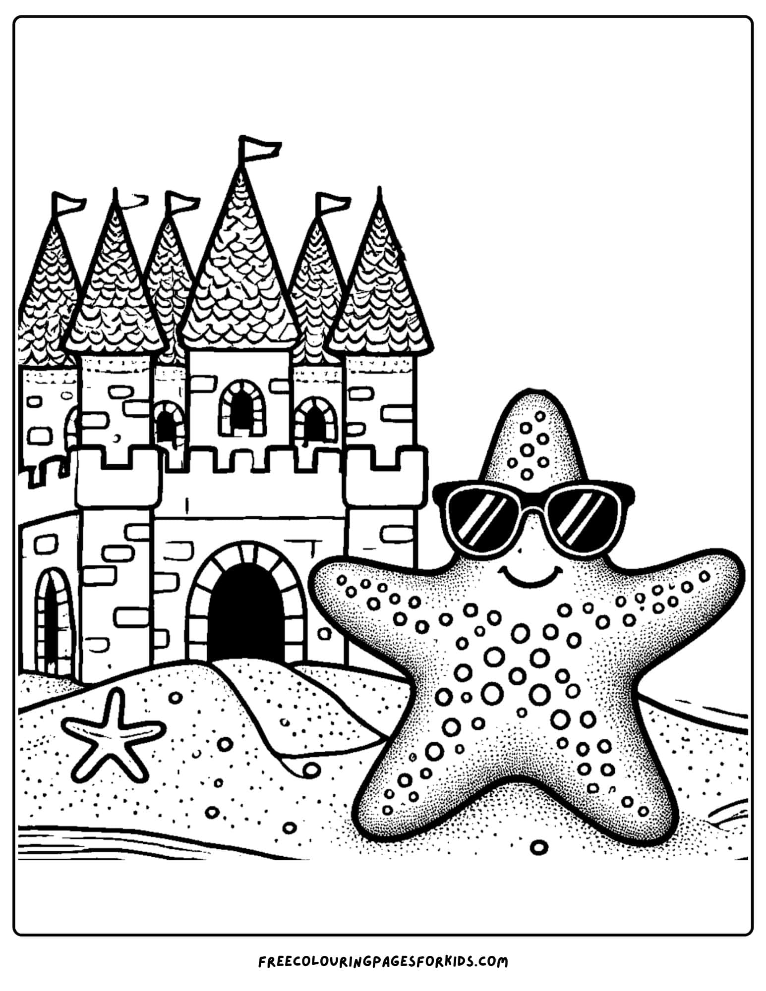 sandcastle with a starfish coloring page