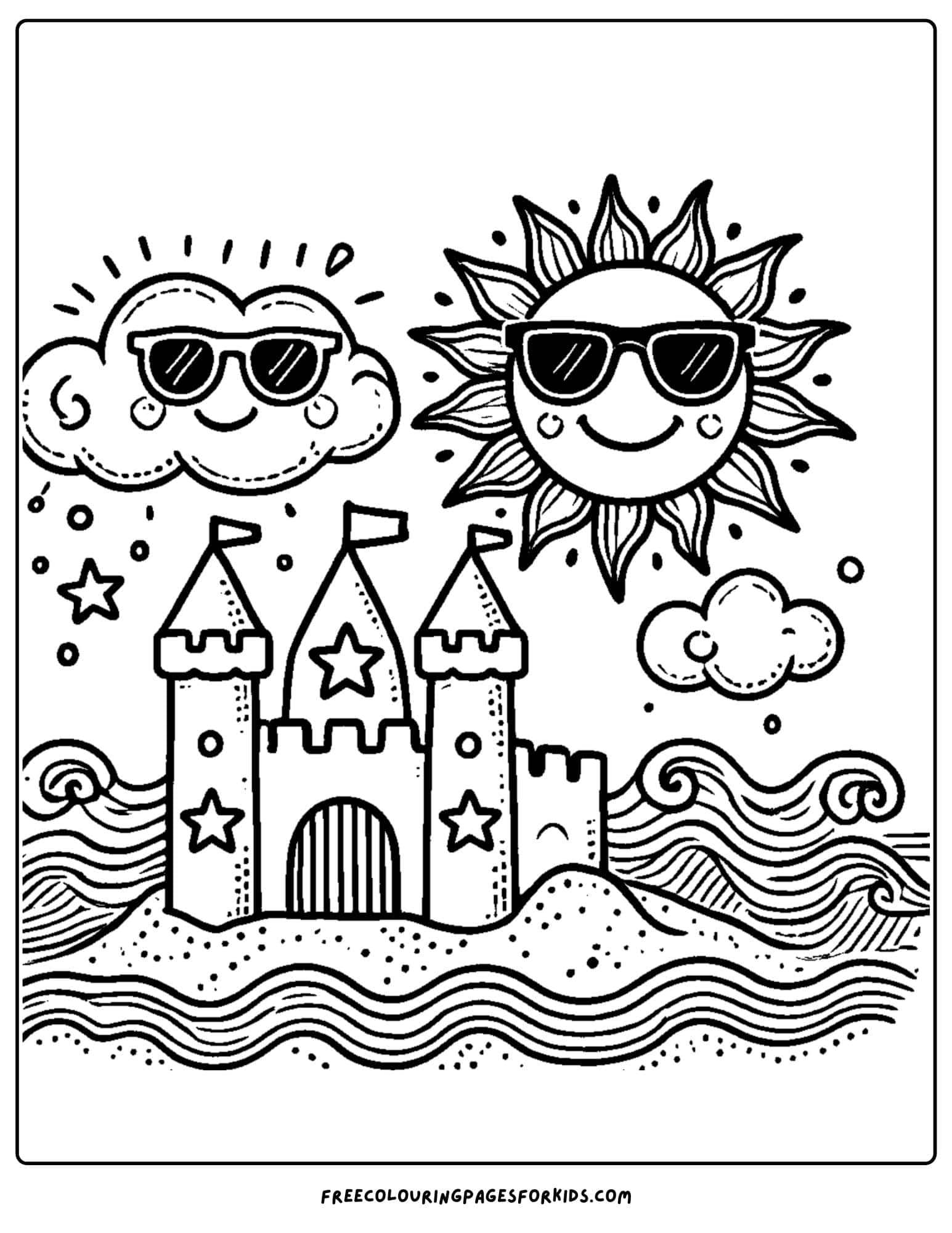 sandcastle with sun and clouds coloring page