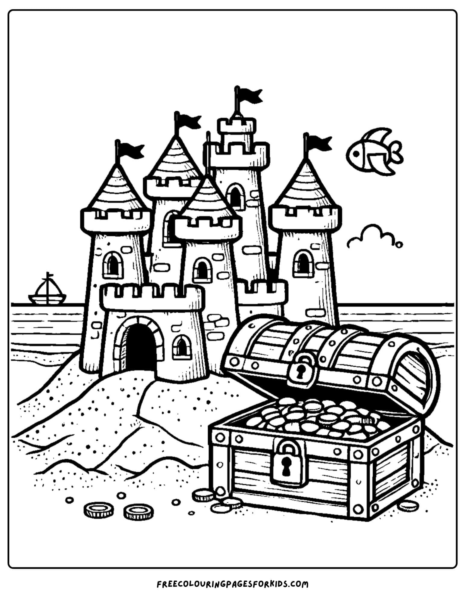 sandcastle with treasure chest coloring page