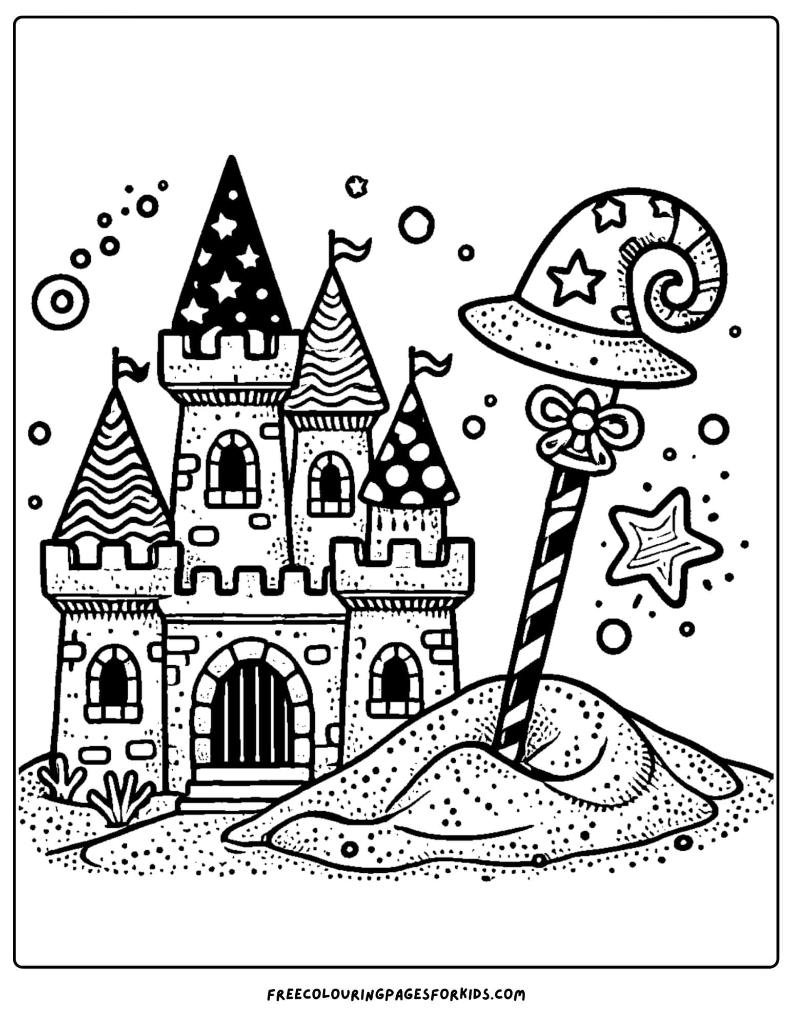 sandcastle with a wizards hat coloring page