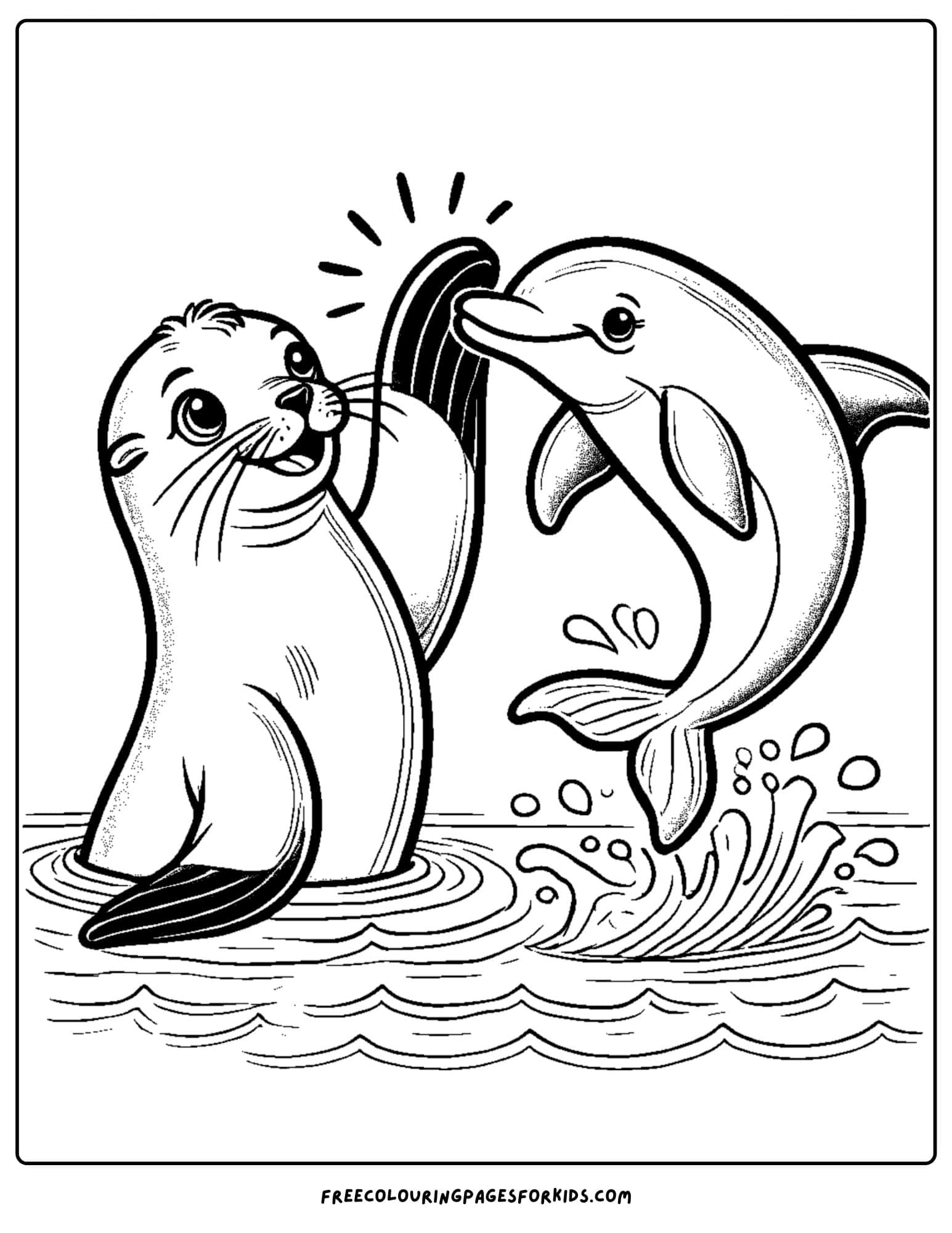 sea lion high fiving a dolphin coloring page