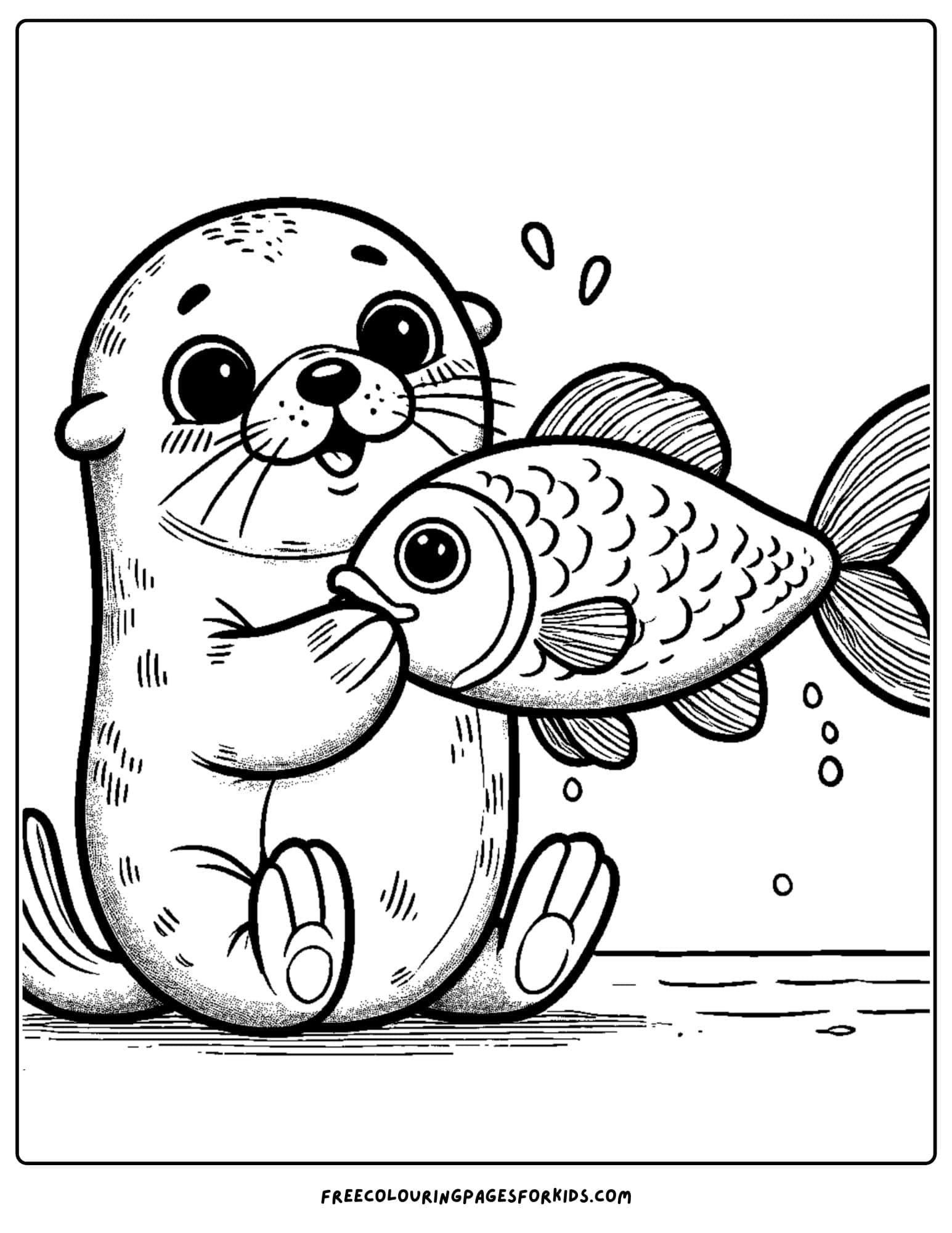 sea lion holding a fish coloring page