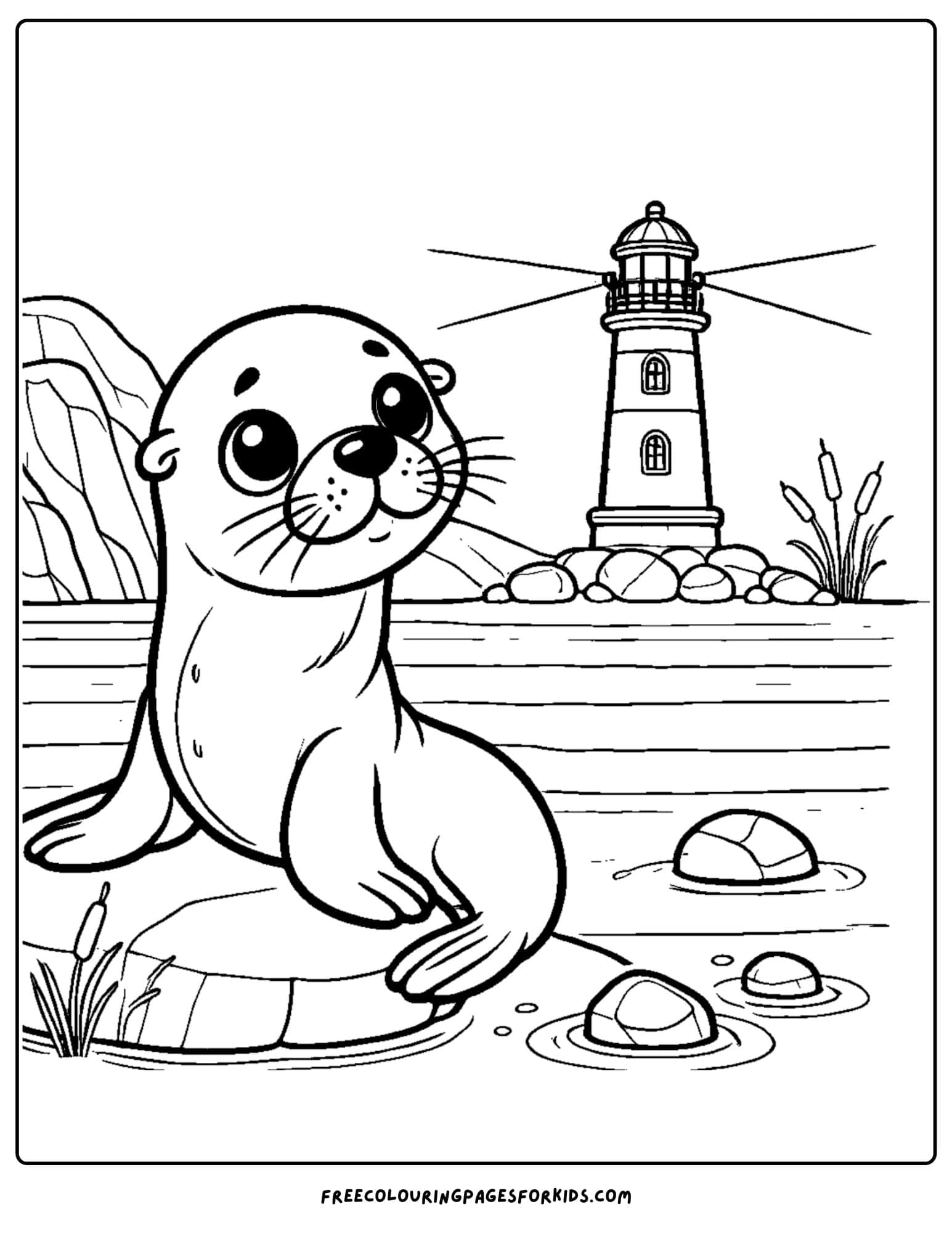 sea lion sitting on a rock with a lighthouse in the distance coloring page