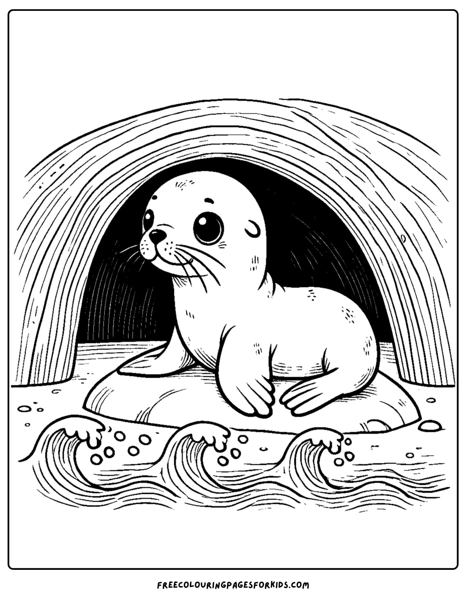 sea lion pup peaking from a cave coloring page