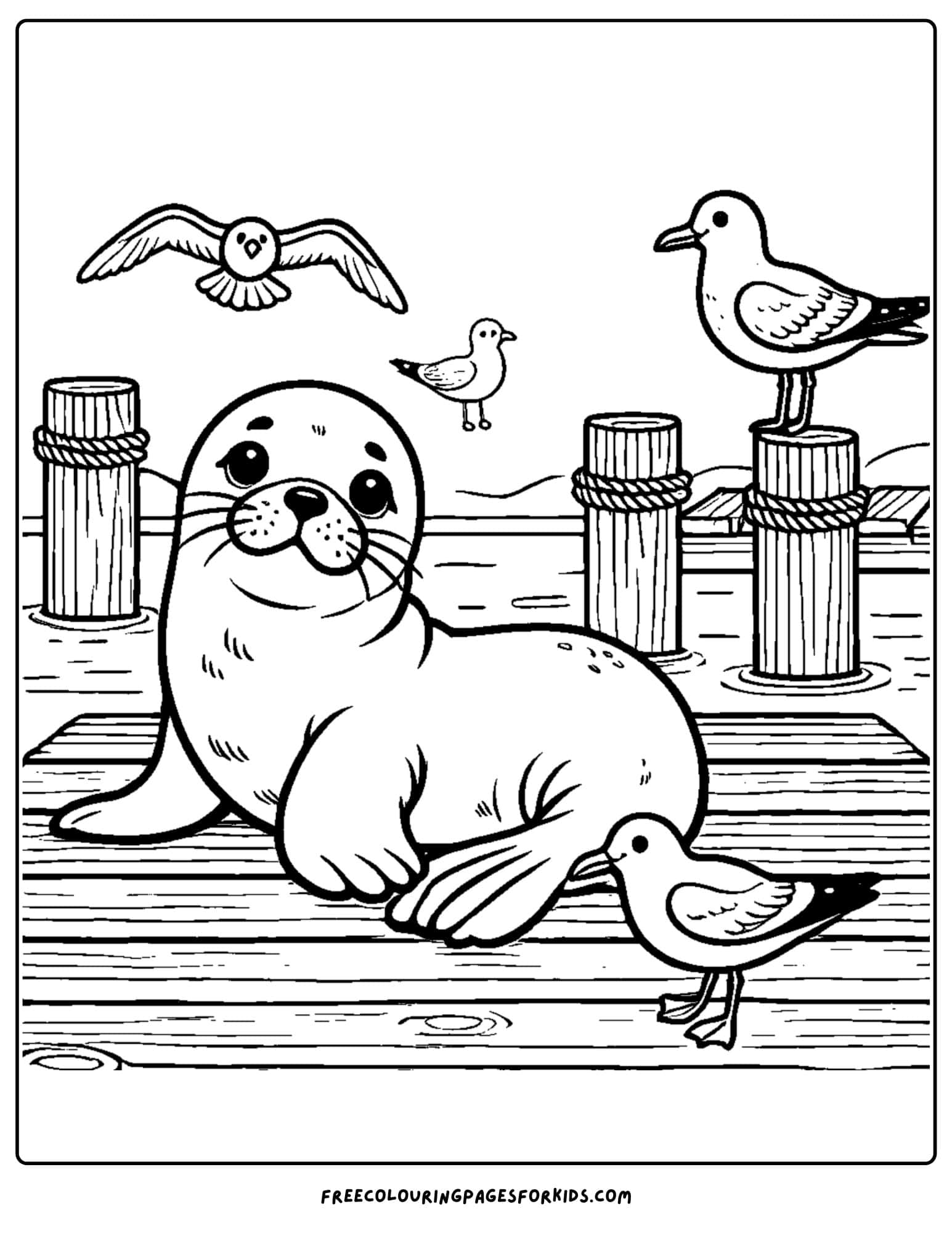 sea lion resting on a pier coloring page