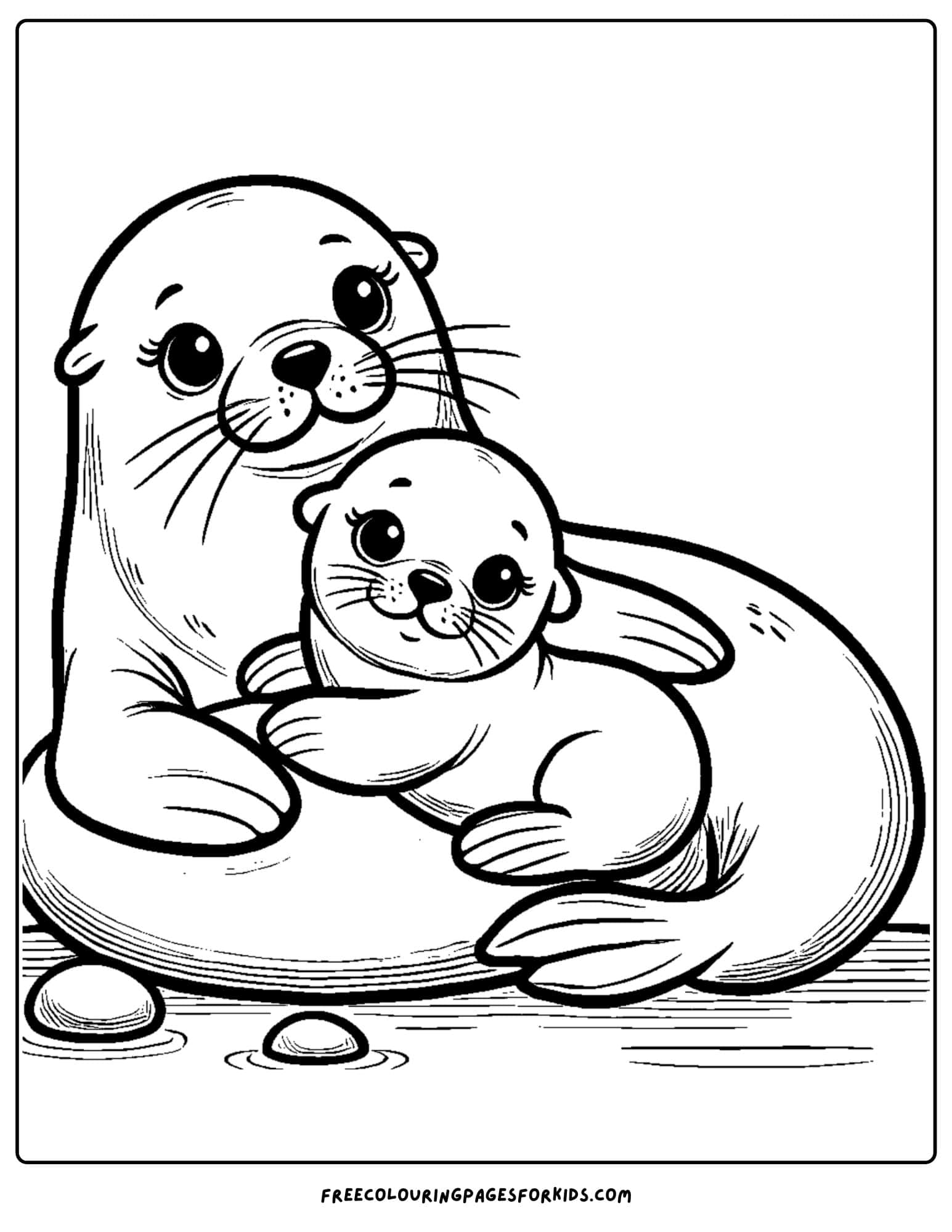 sea lion baby snuggling with its mom coloring page