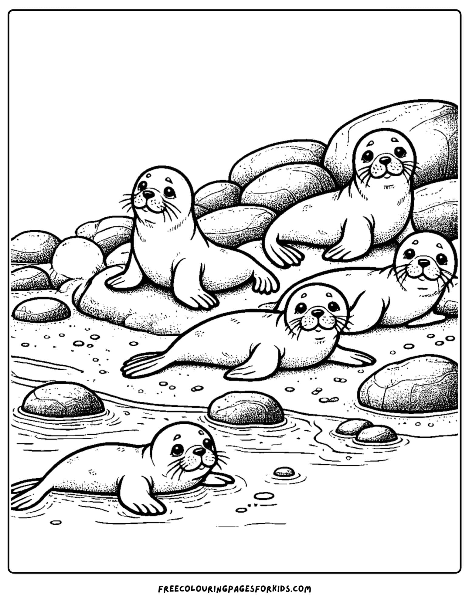 sea lions sunbathing on the rocks coloring page