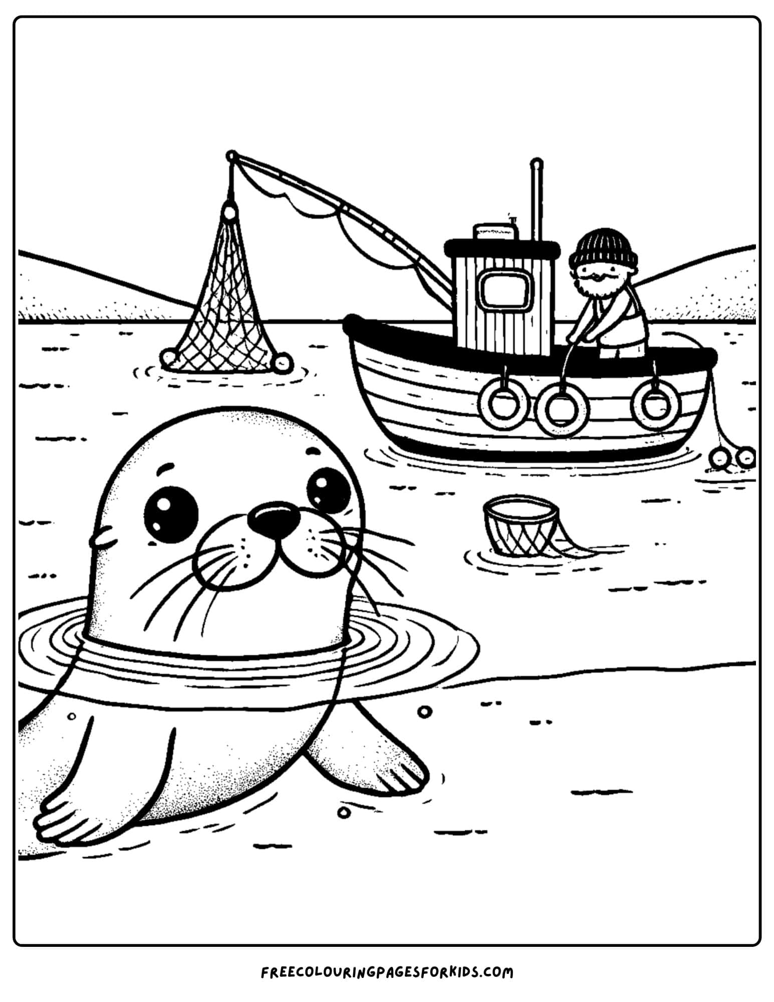 sea lion watching a fishing boat coloring page