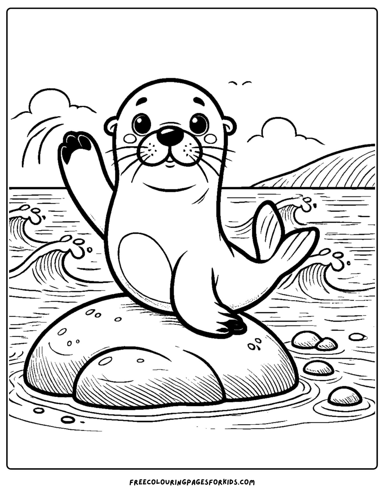 sea lion sitting on a rock and waving coloring page