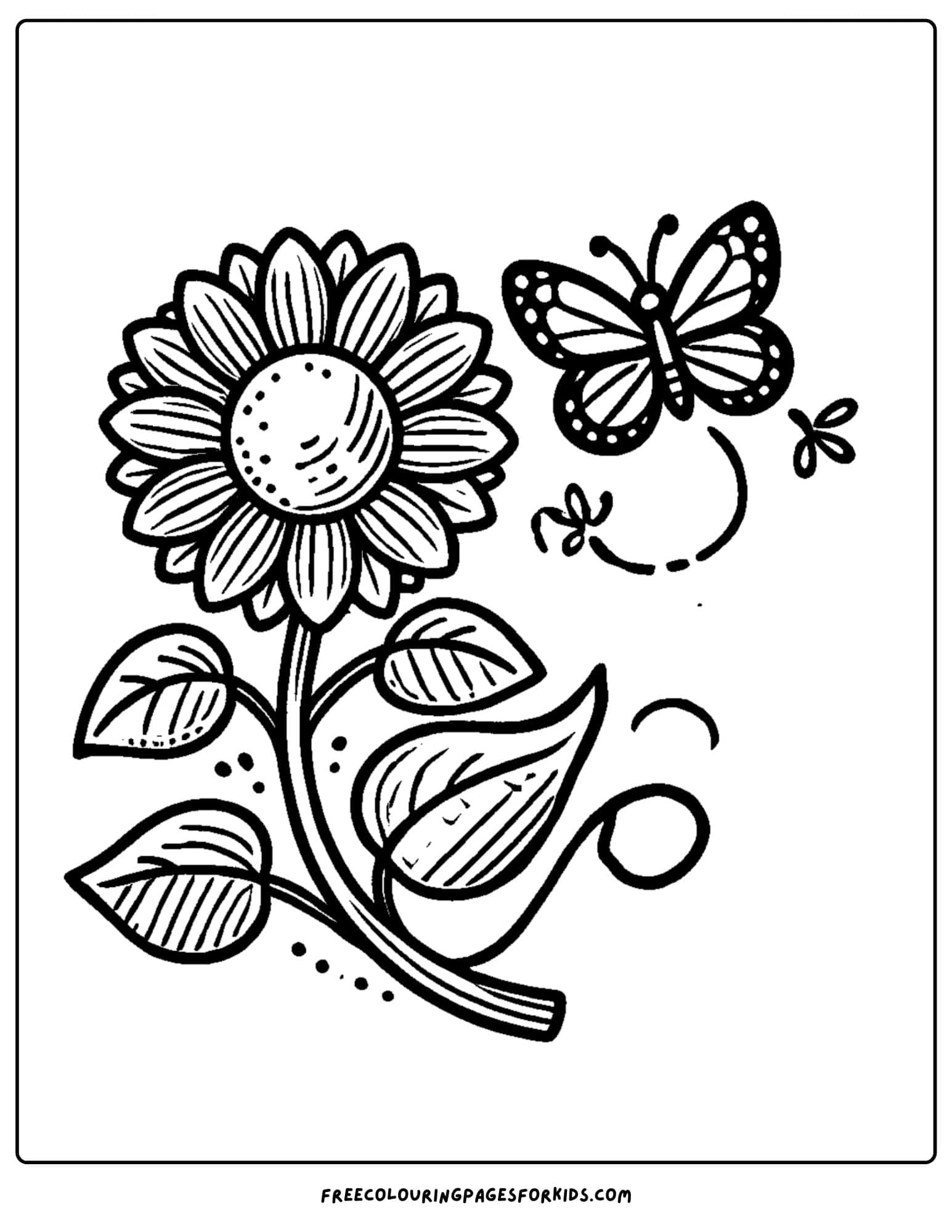 sunflower and a flying butterfly coloring page