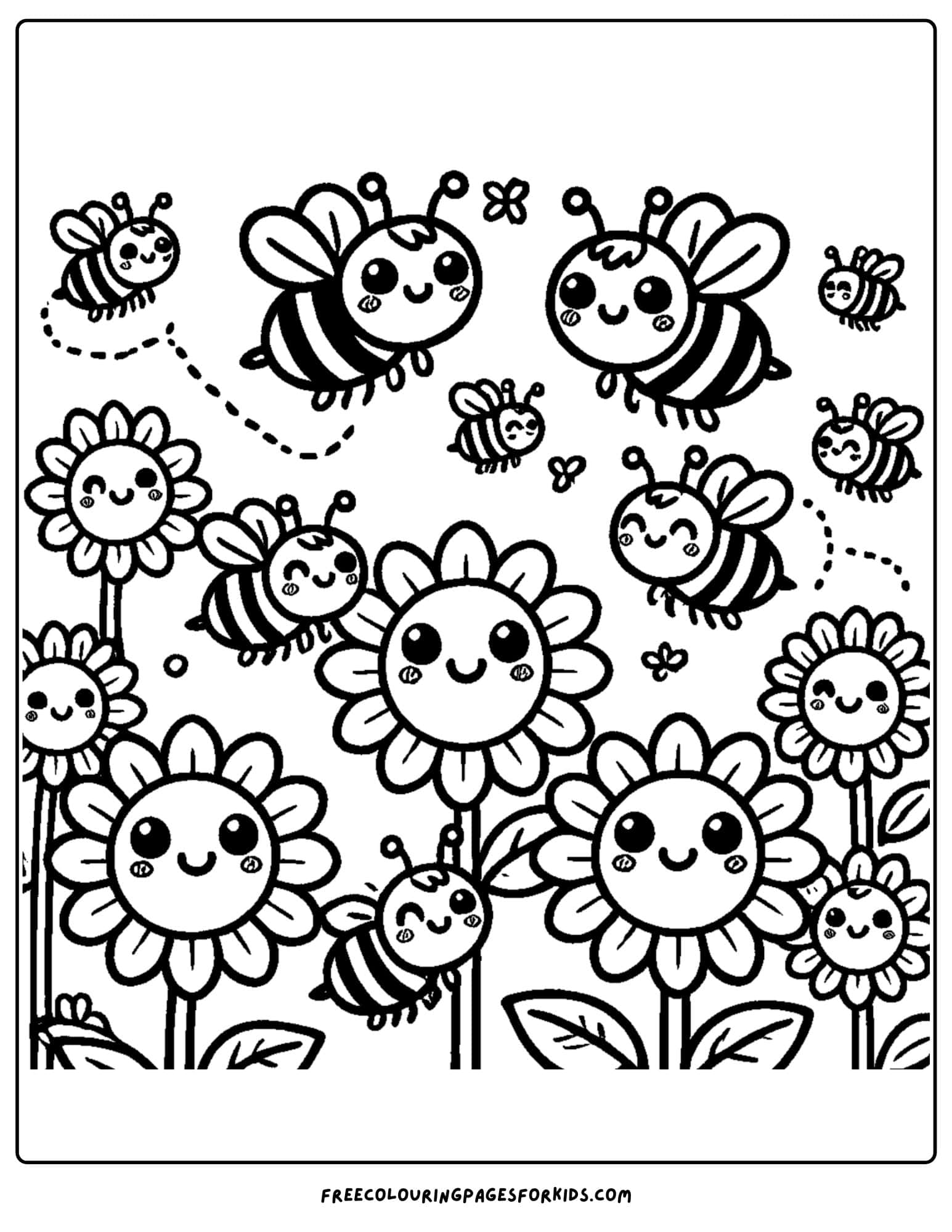 sunflowers with buzzing bees coloring page