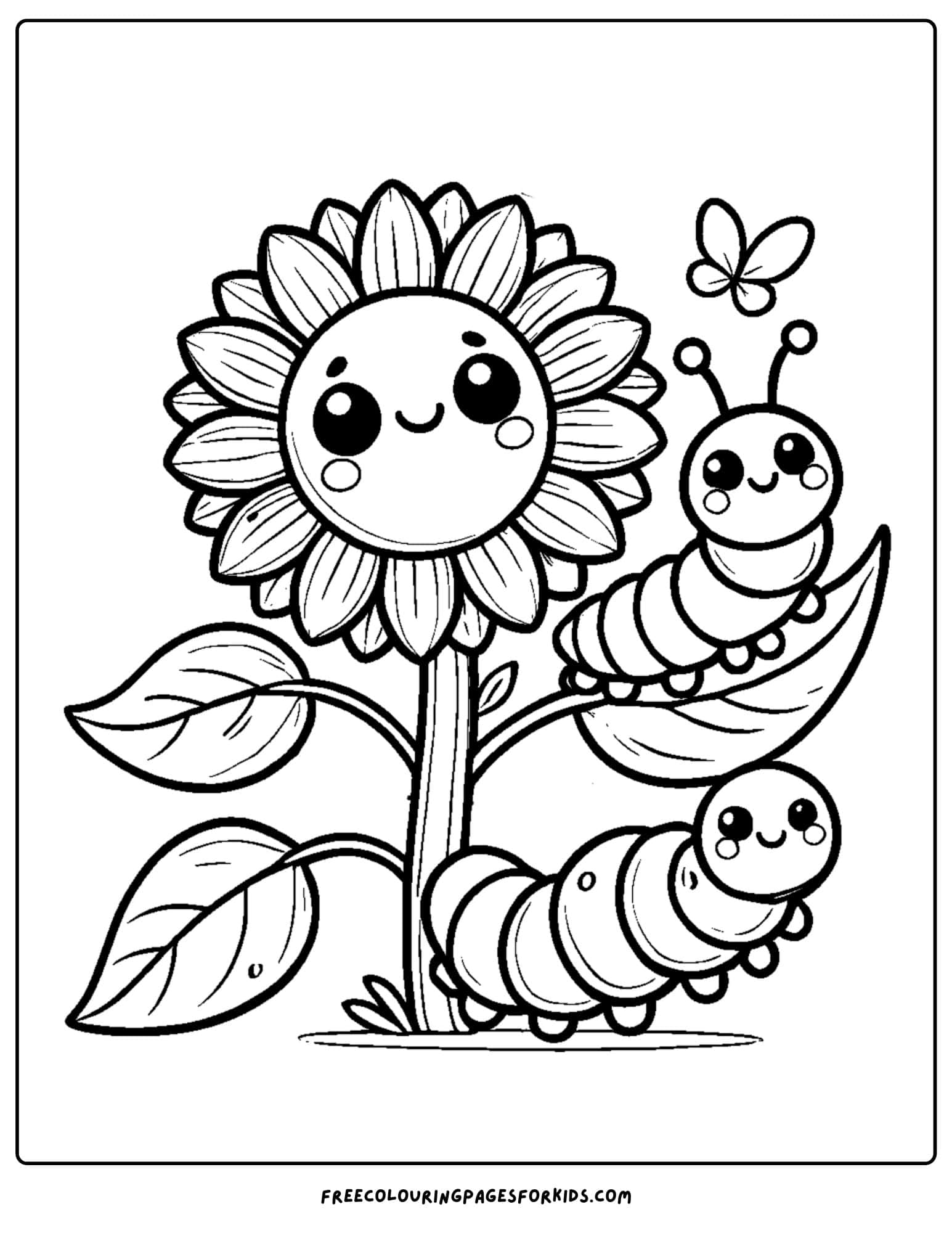 sunflower and a caterpilar coloring page