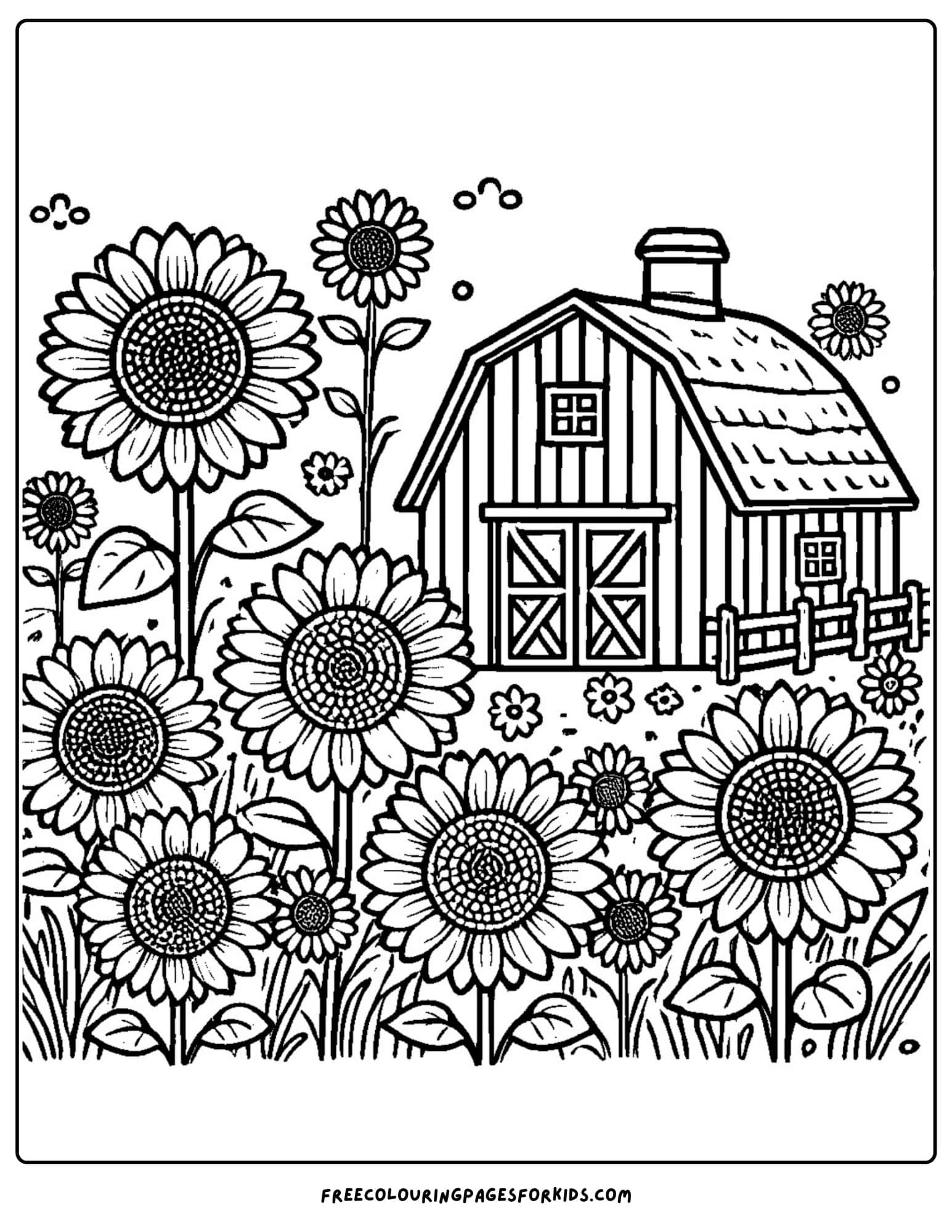 sunflowers and a barn coloring page