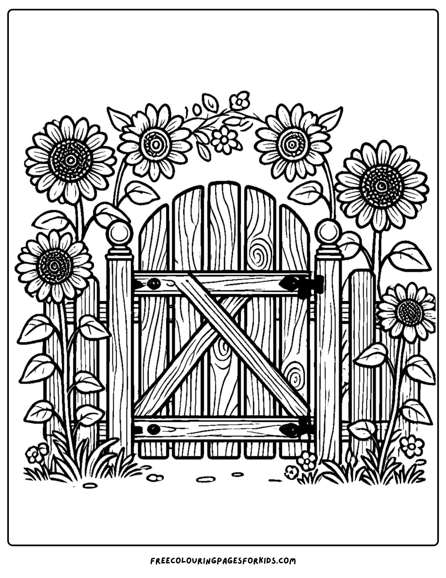 sunflowers around a garden gate coloring page