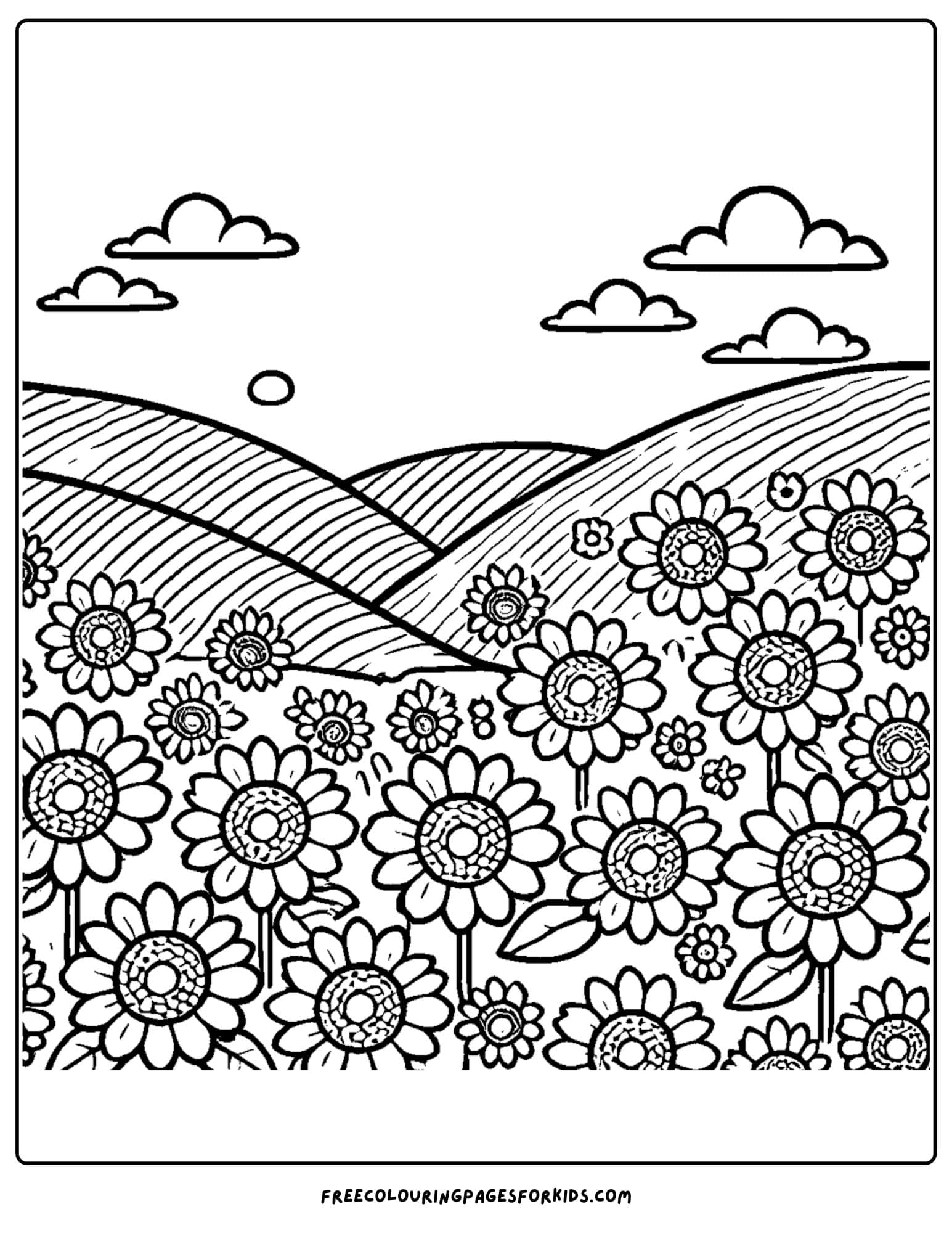 sunflowers cover a hillside coloring page