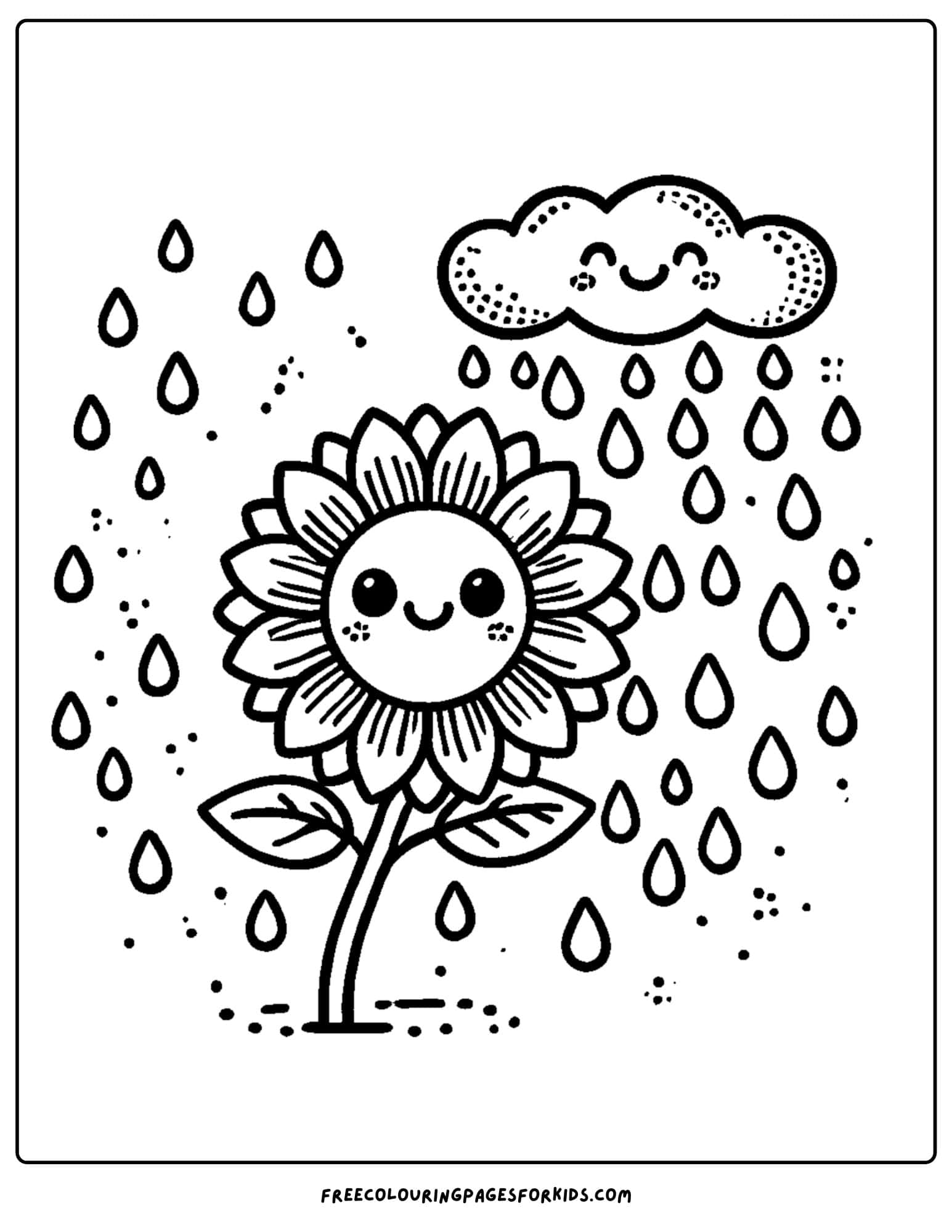 sunflower in the rain with a cloud above coloring page