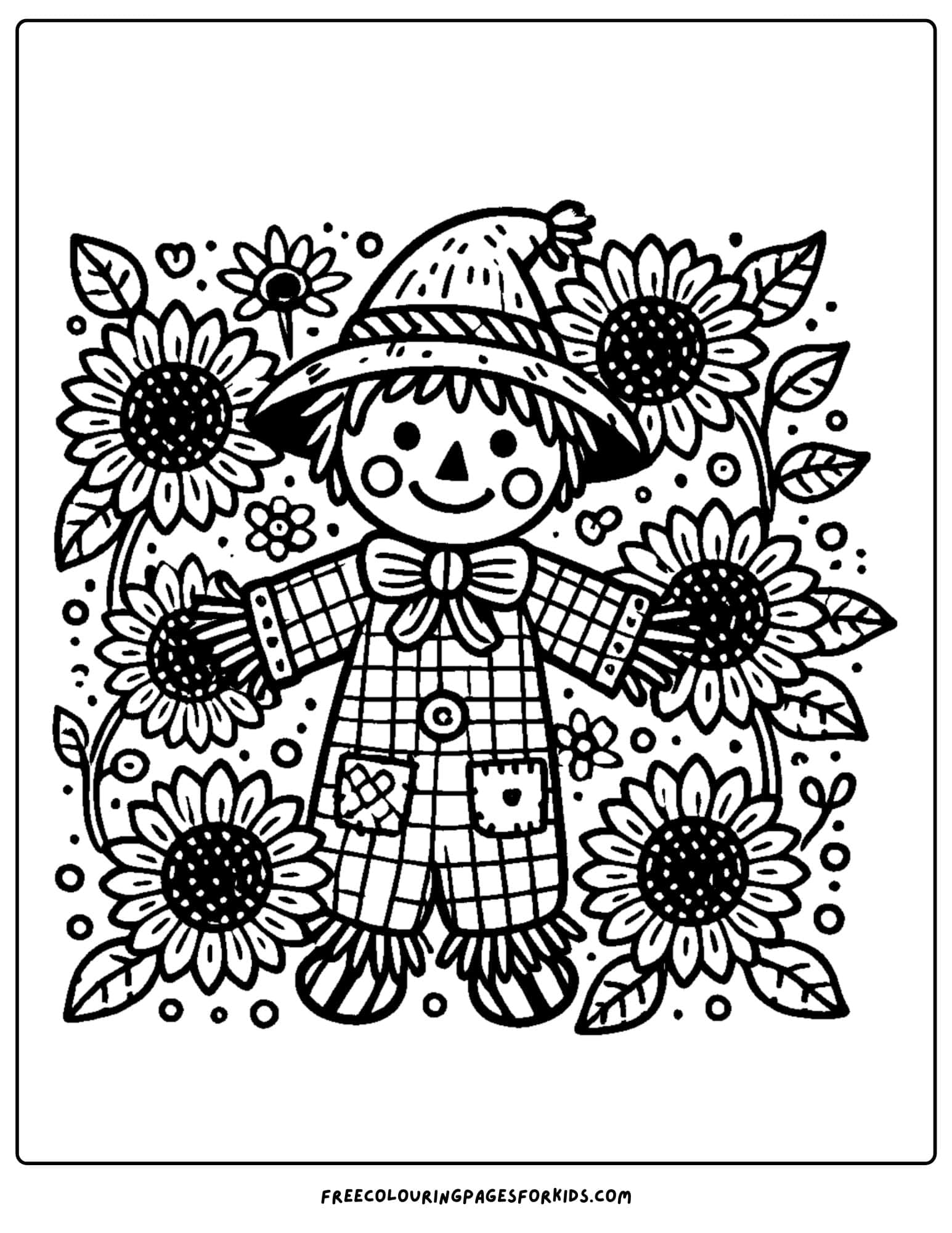 sunflowers around a scarecrow coloring page