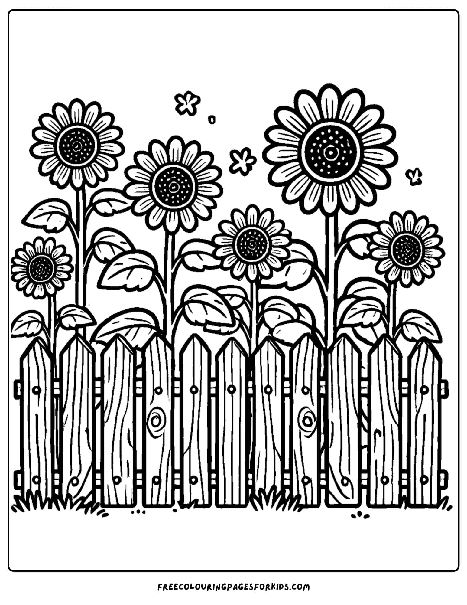 sunflower growing tall behind a fence coloring page