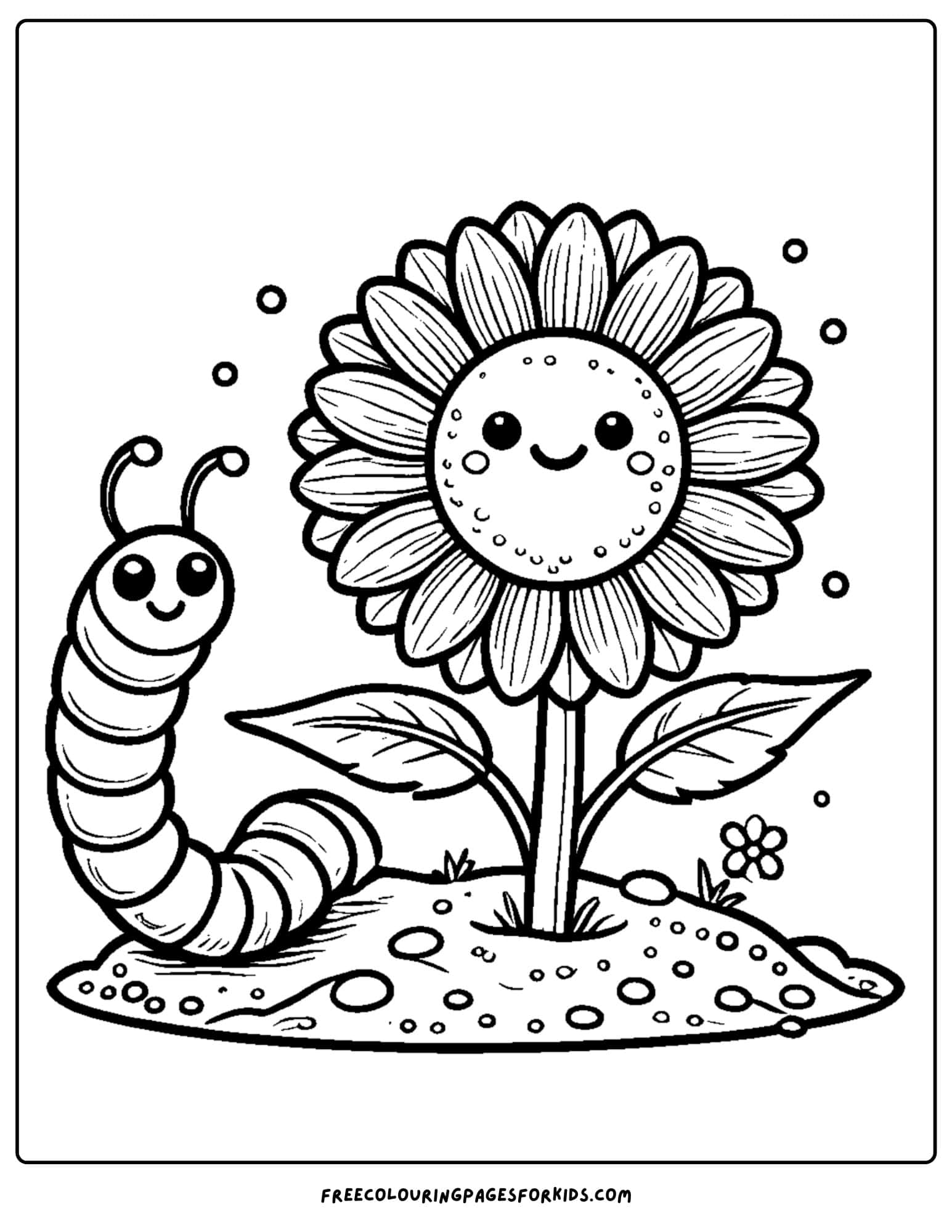 sunflower and a worm coloring page