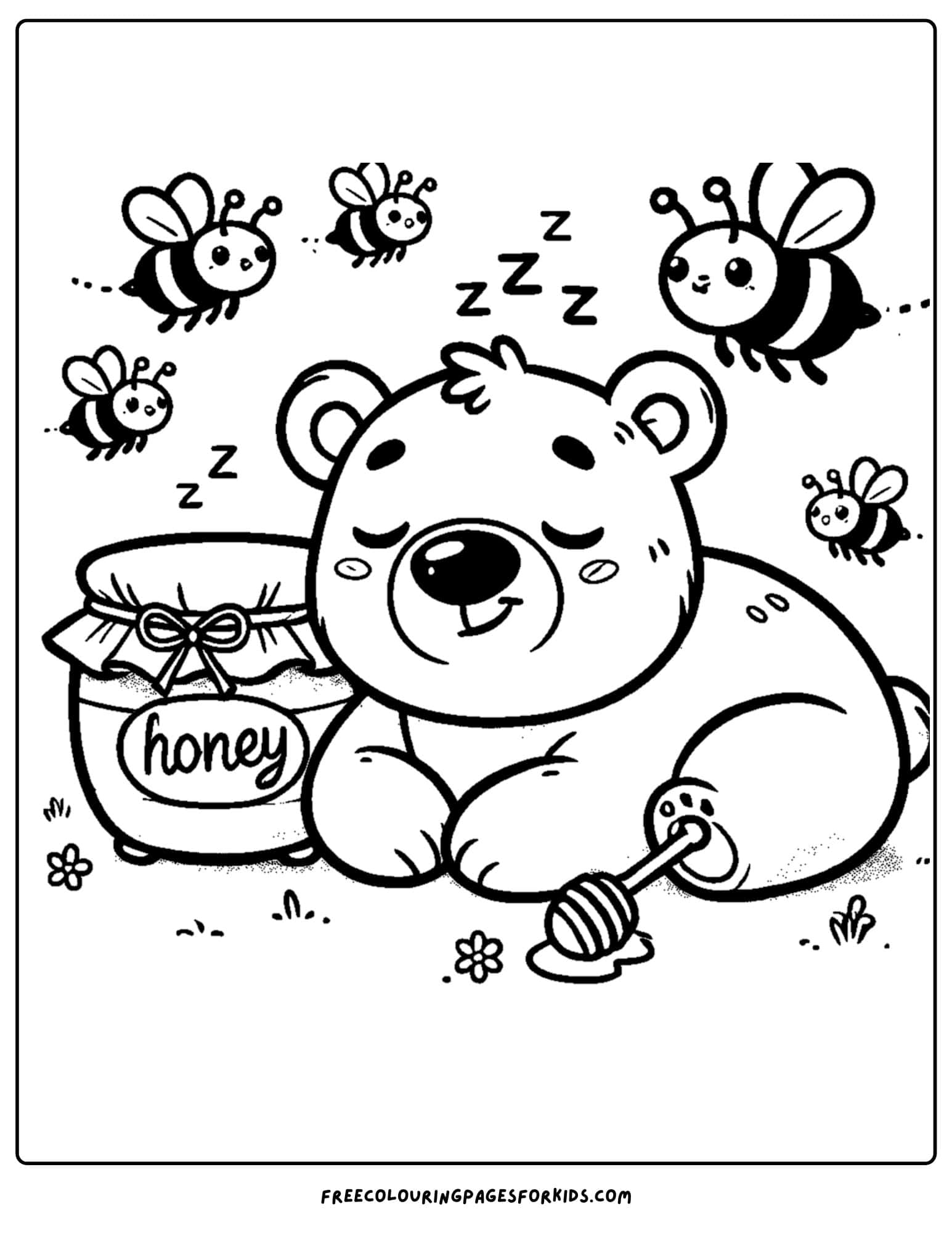 a sleepy bear with a honey jar