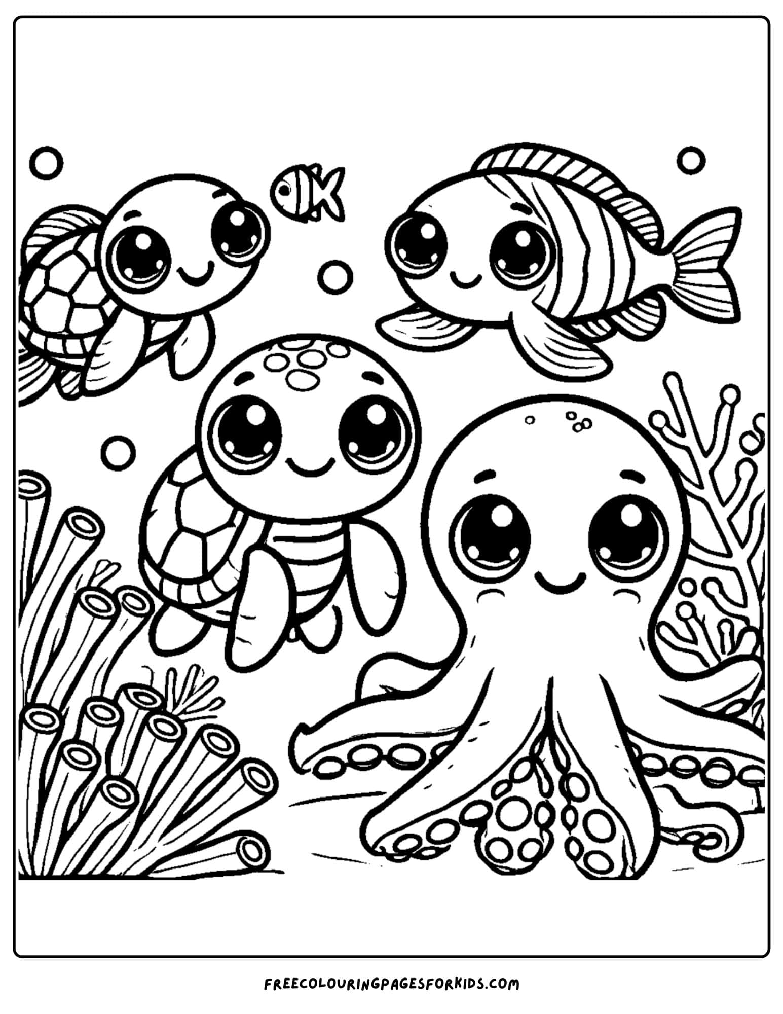 baby animals and coral coloring page