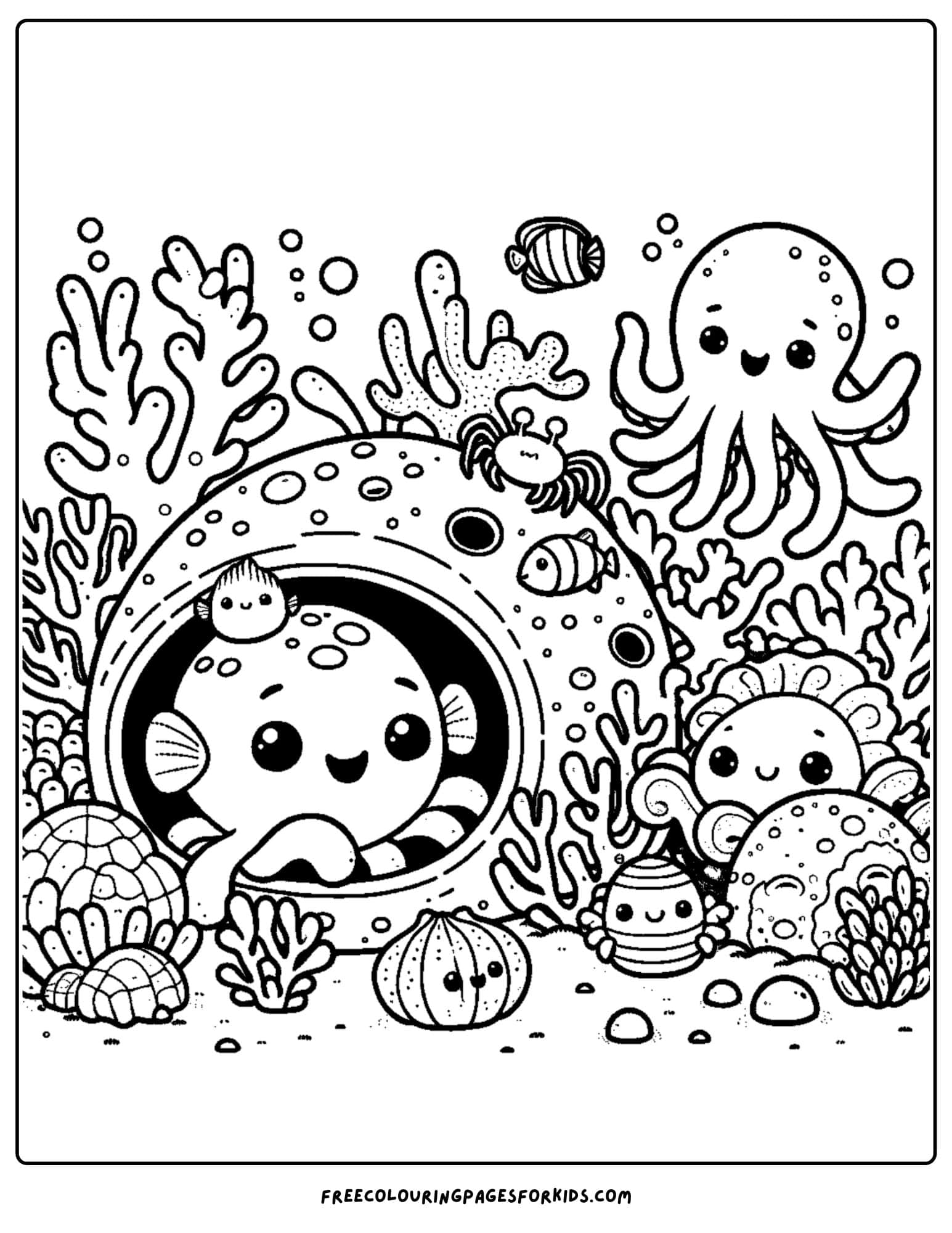 sea animals living around coral coloring page