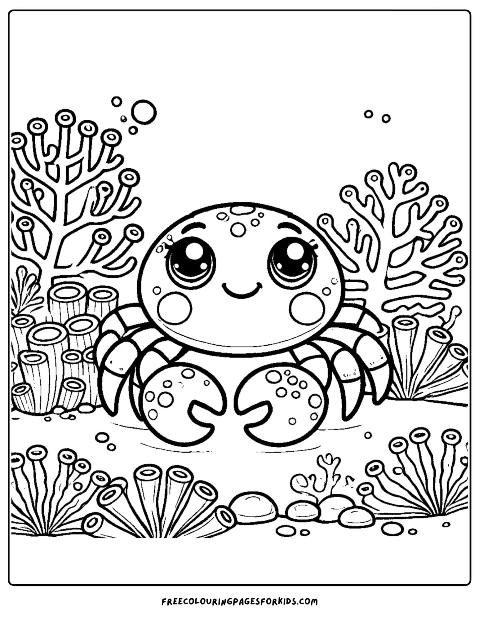 a crab sitting next to coral coloring page