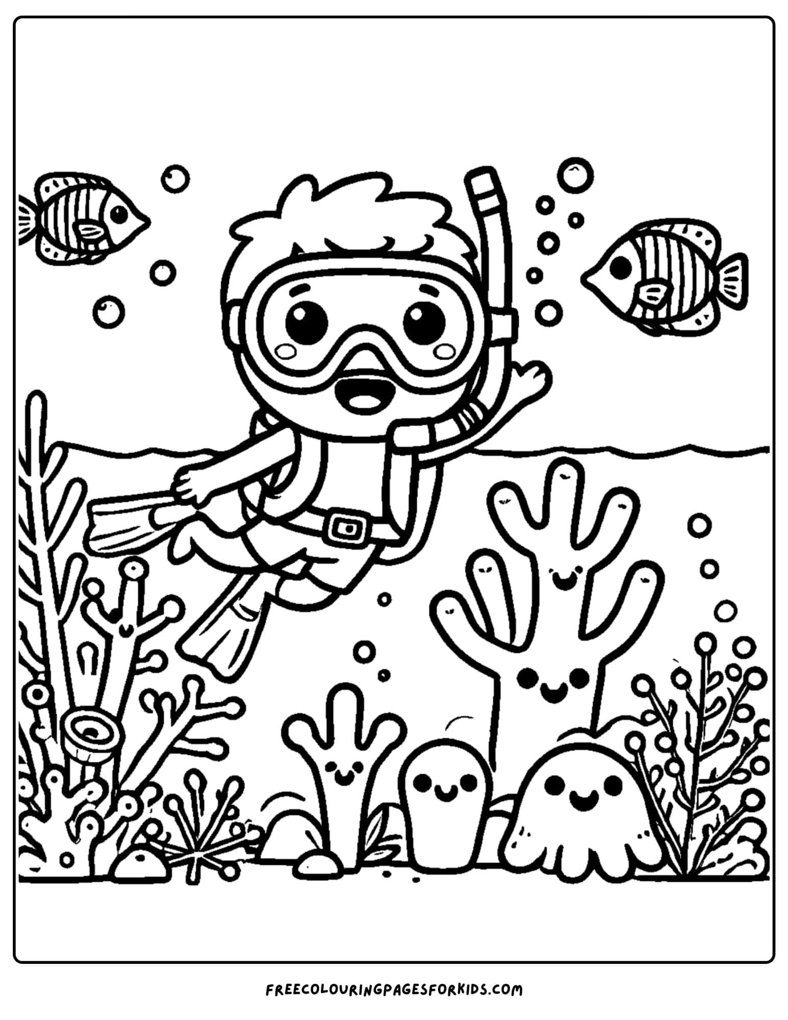 a diver exploring coral coloring page