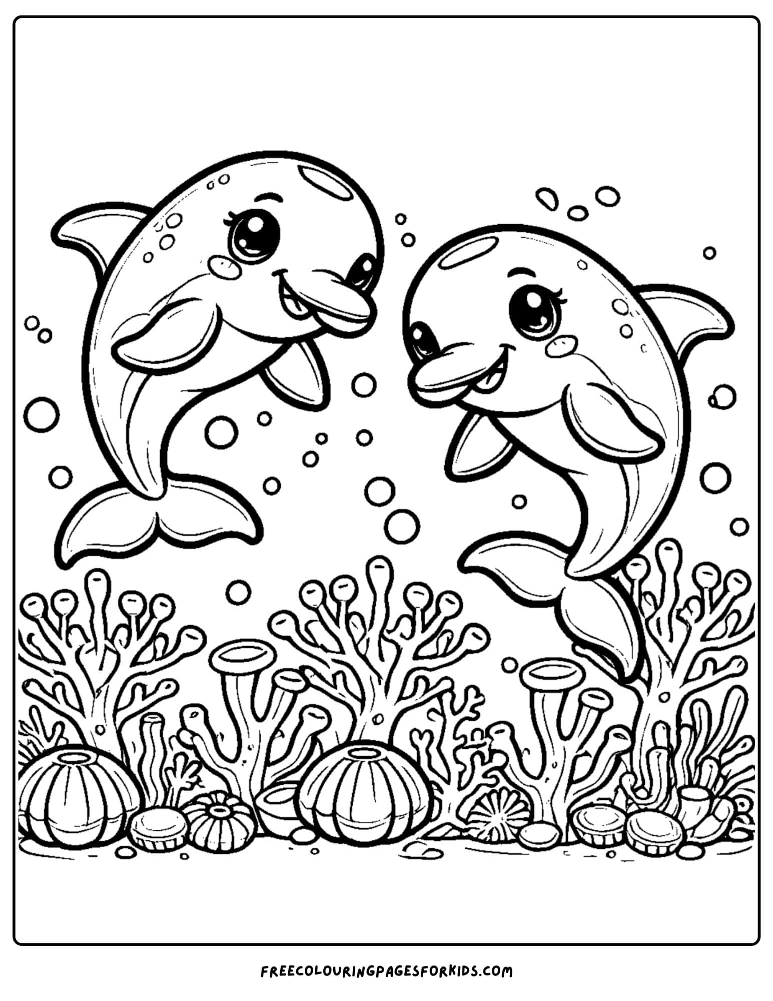 dolphins jumping near coral coloring page