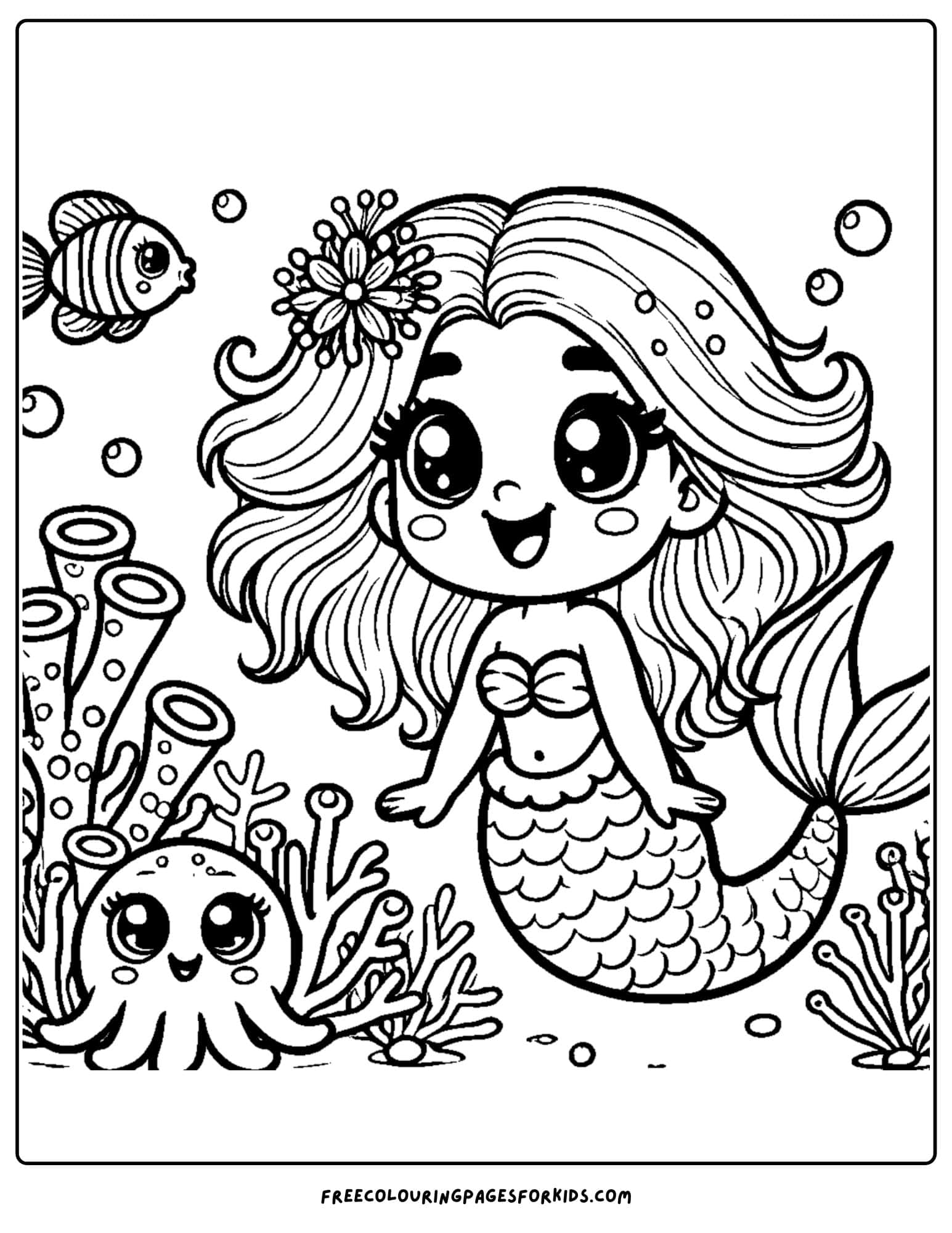 mermaid swimming near coral coloring page