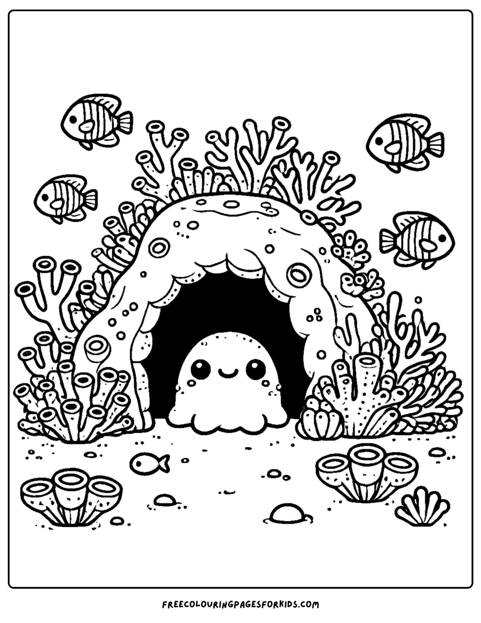 a dark cave with coral coloring page