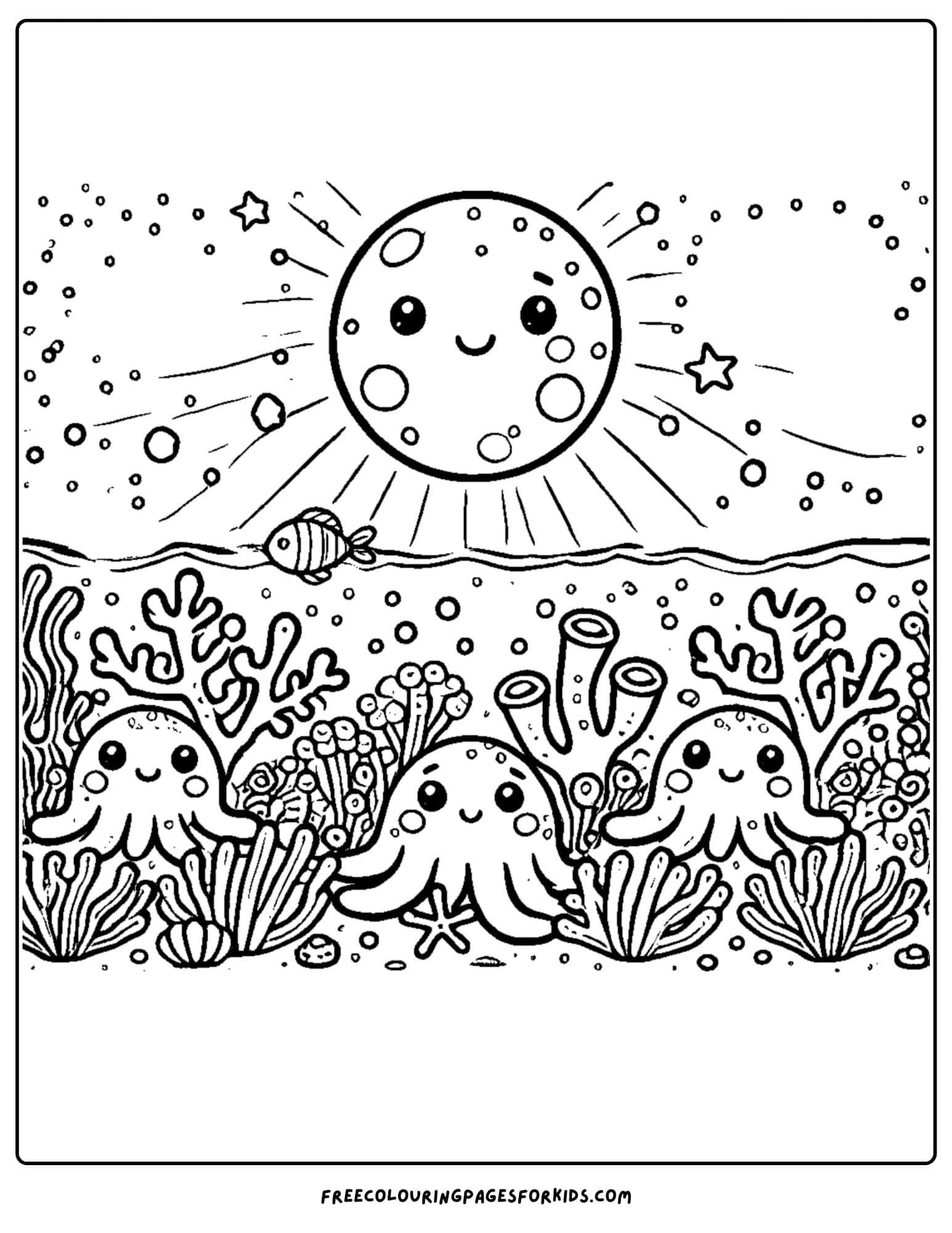 the moon shining over the water with coral coloring page