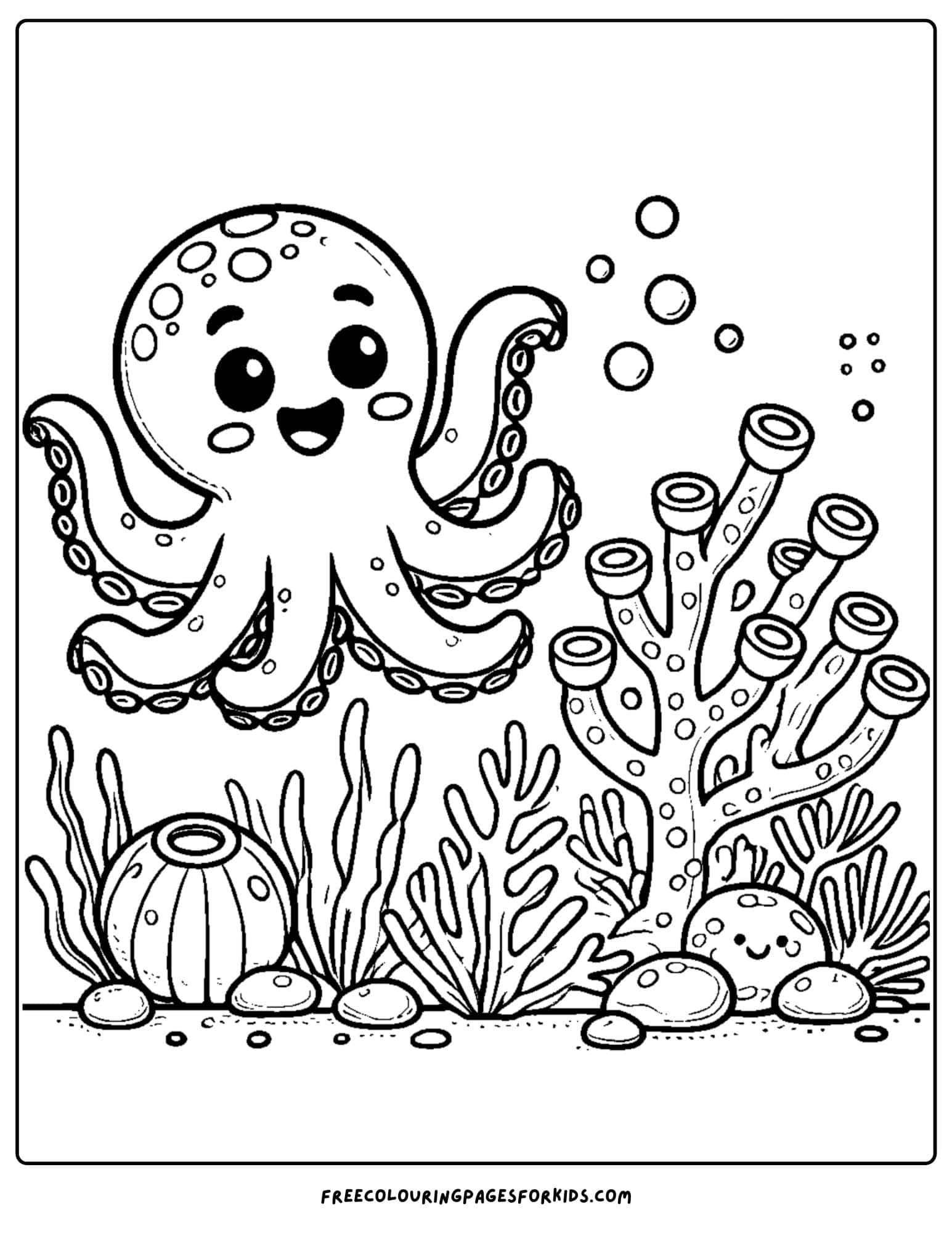 an octopus waving amongst the coral coloring page