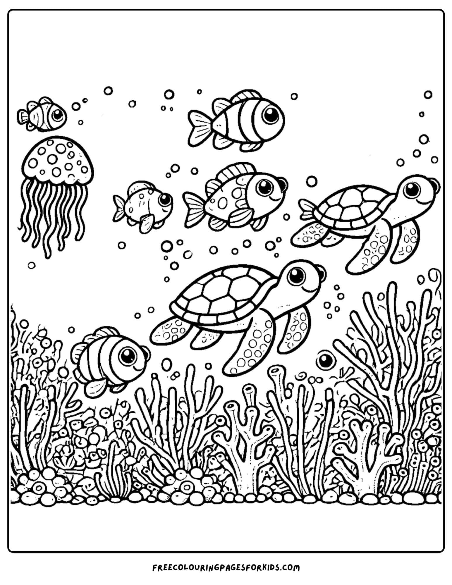 animals swimming above coral coloring page