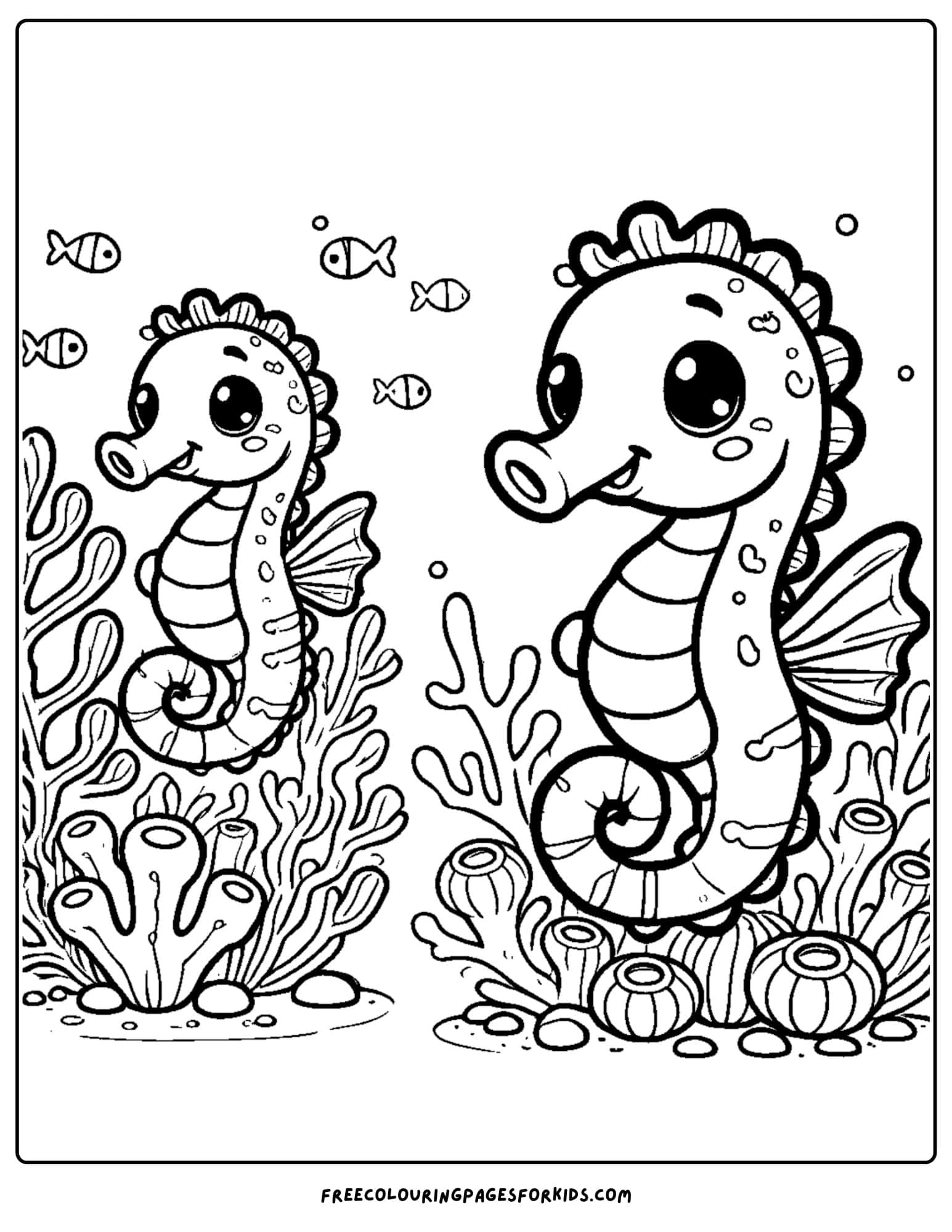 seahorses and coral coloring page