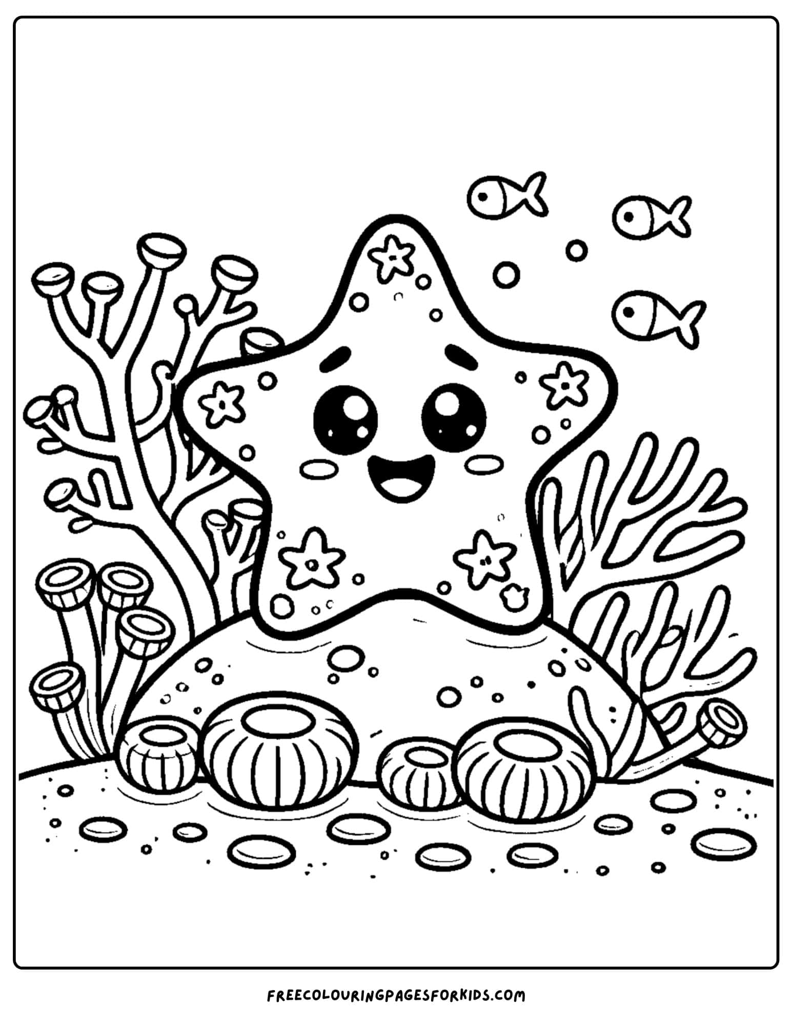 a happy starfish next to coral coloring page