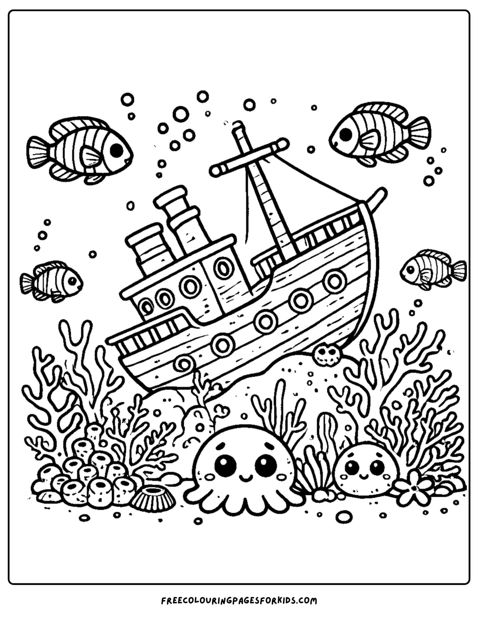 a sunken ship surrounded by coral coloring page