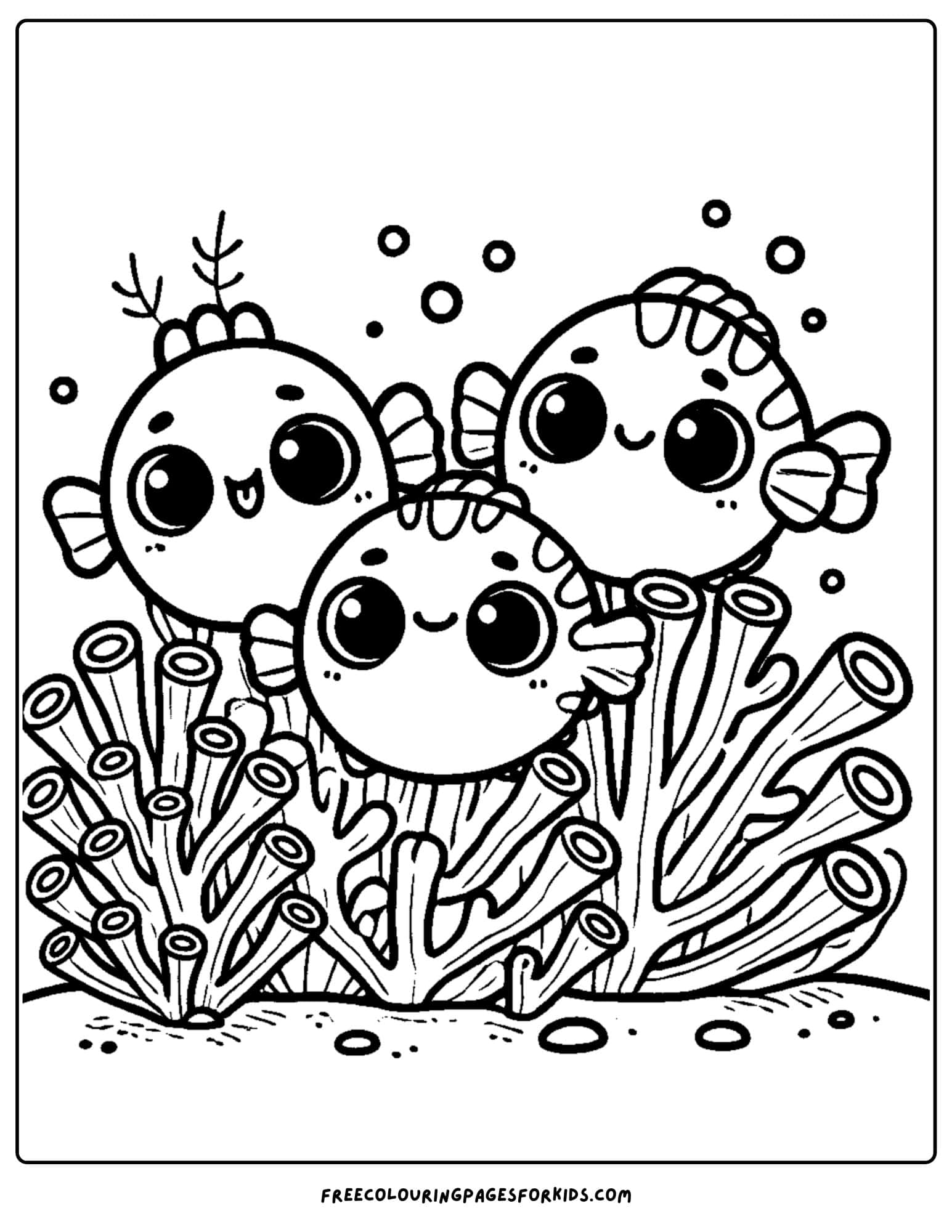 tidy fish swimming around the coral coloring page