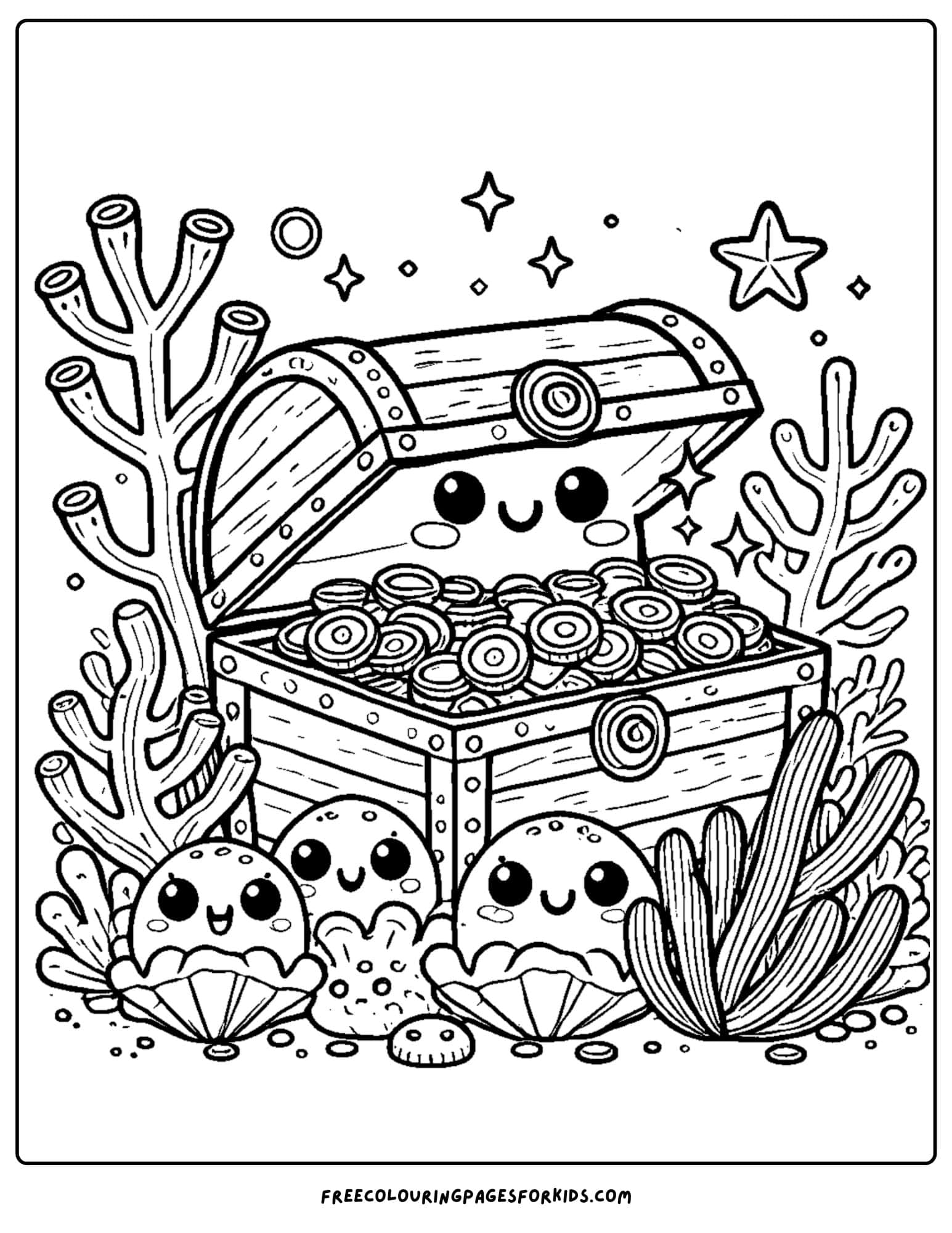 treasure chest amongst coral coloring page