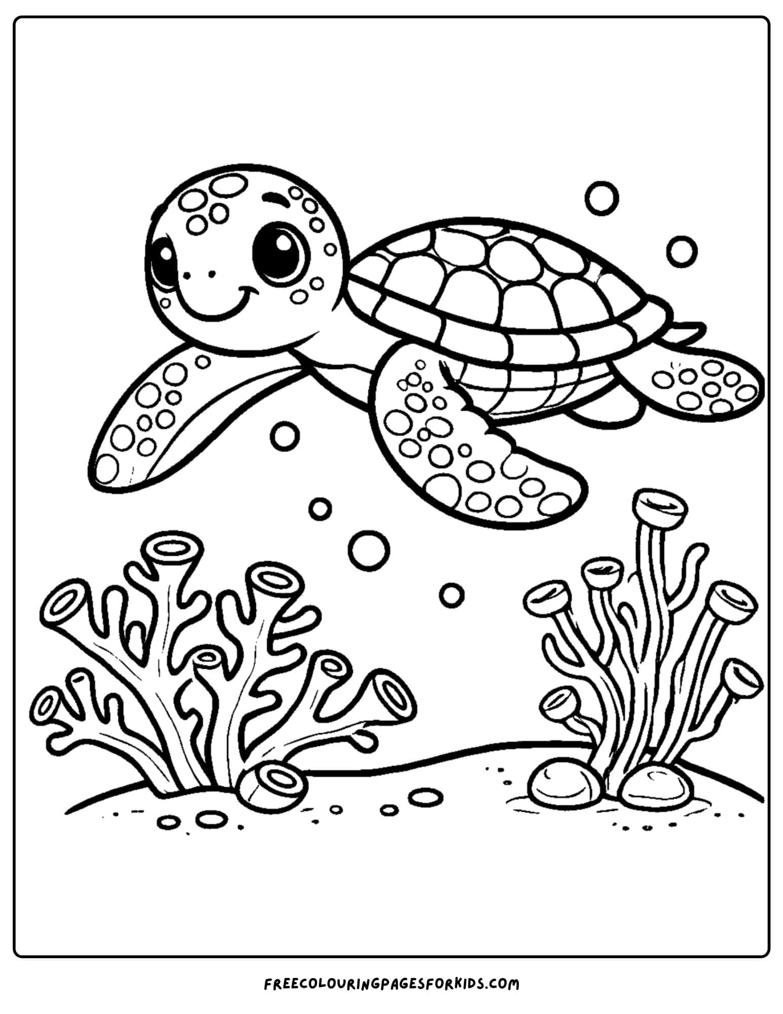 turtle swimming around coral coloring page