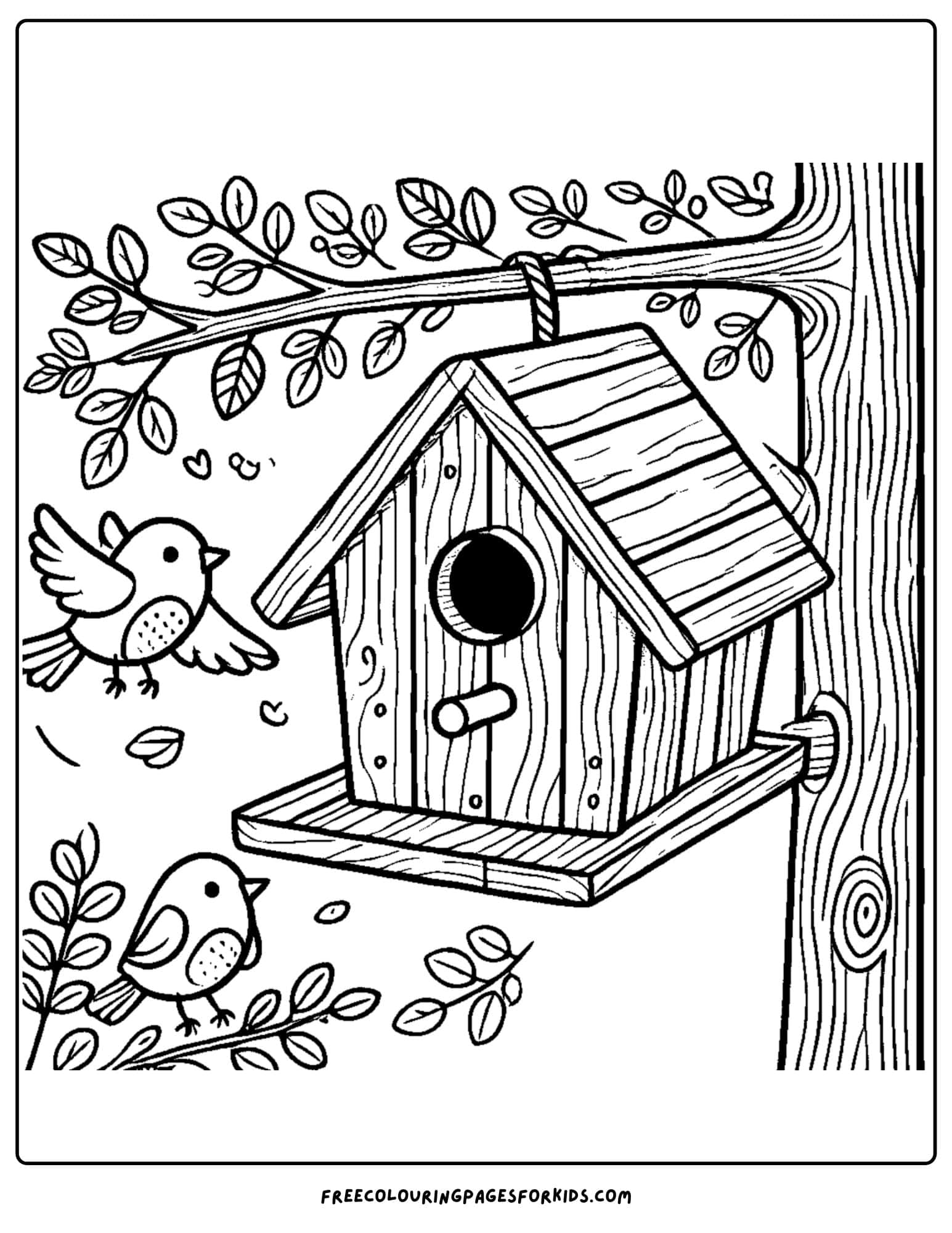 a birdhouse in the garden coloring page