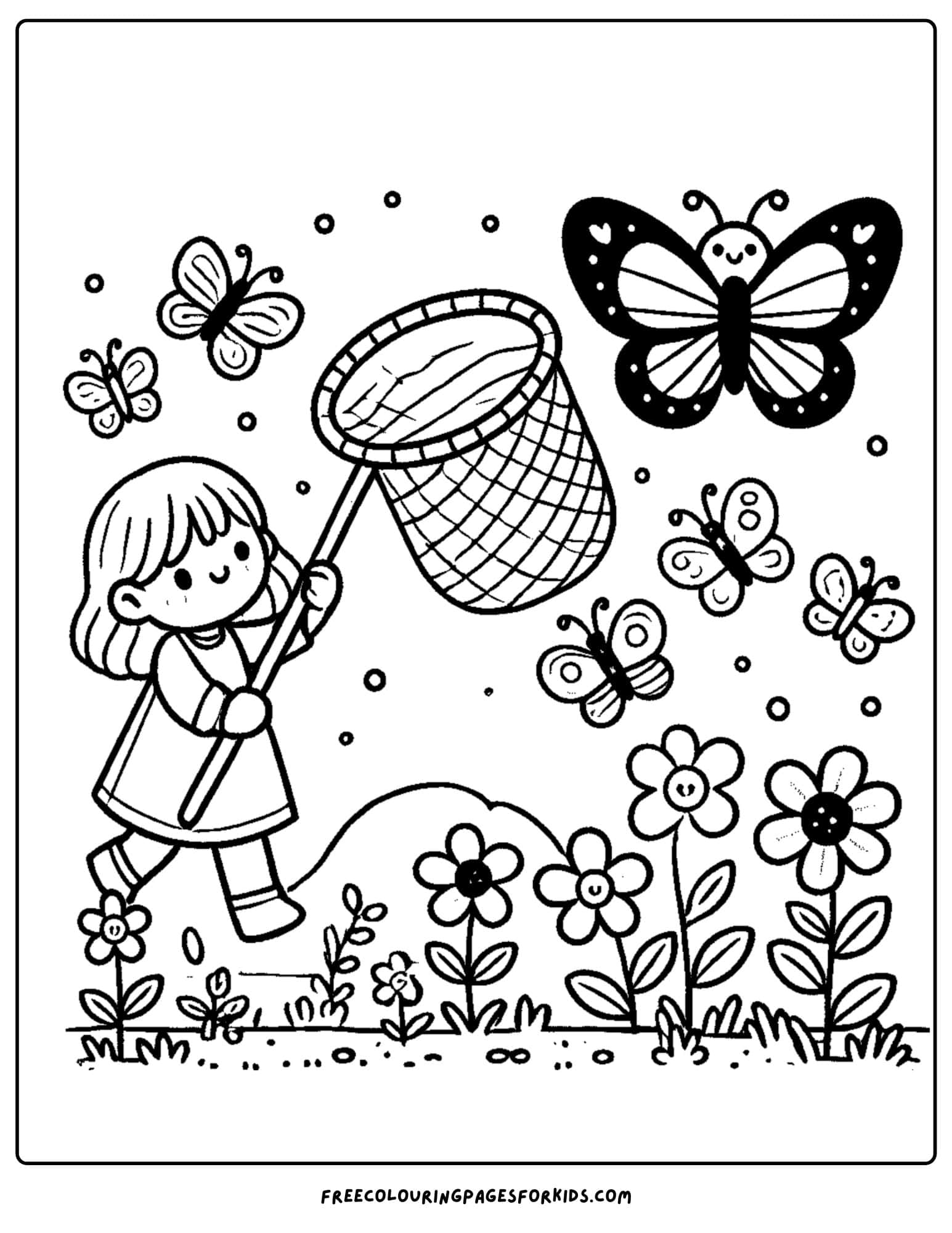 a child catching butterflies in the garden coloring page