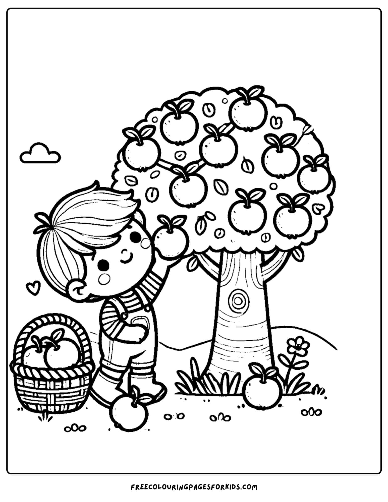 a child picking apples from an apple tree coloring page