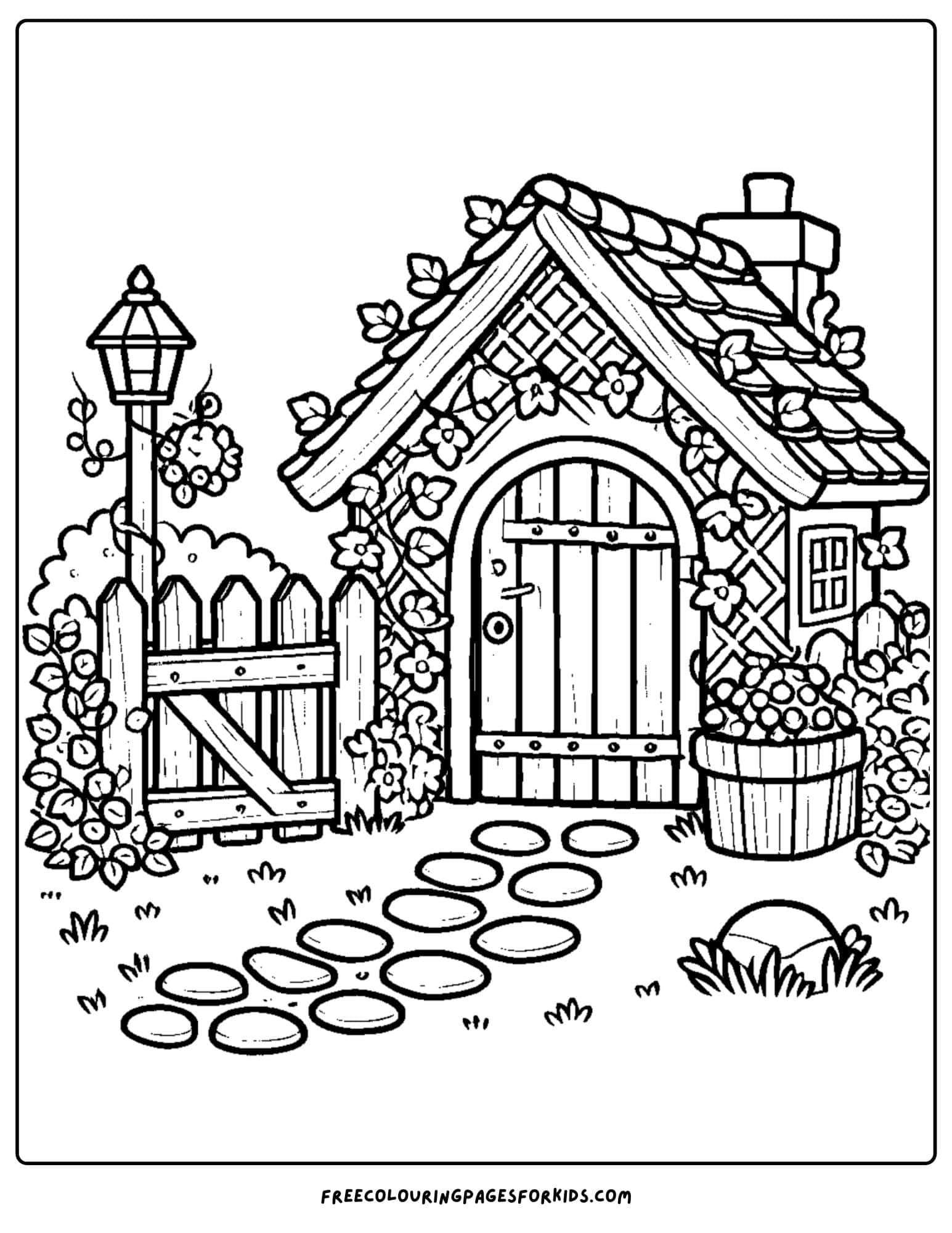 garden shed and gate with ivy growing on it coloring page