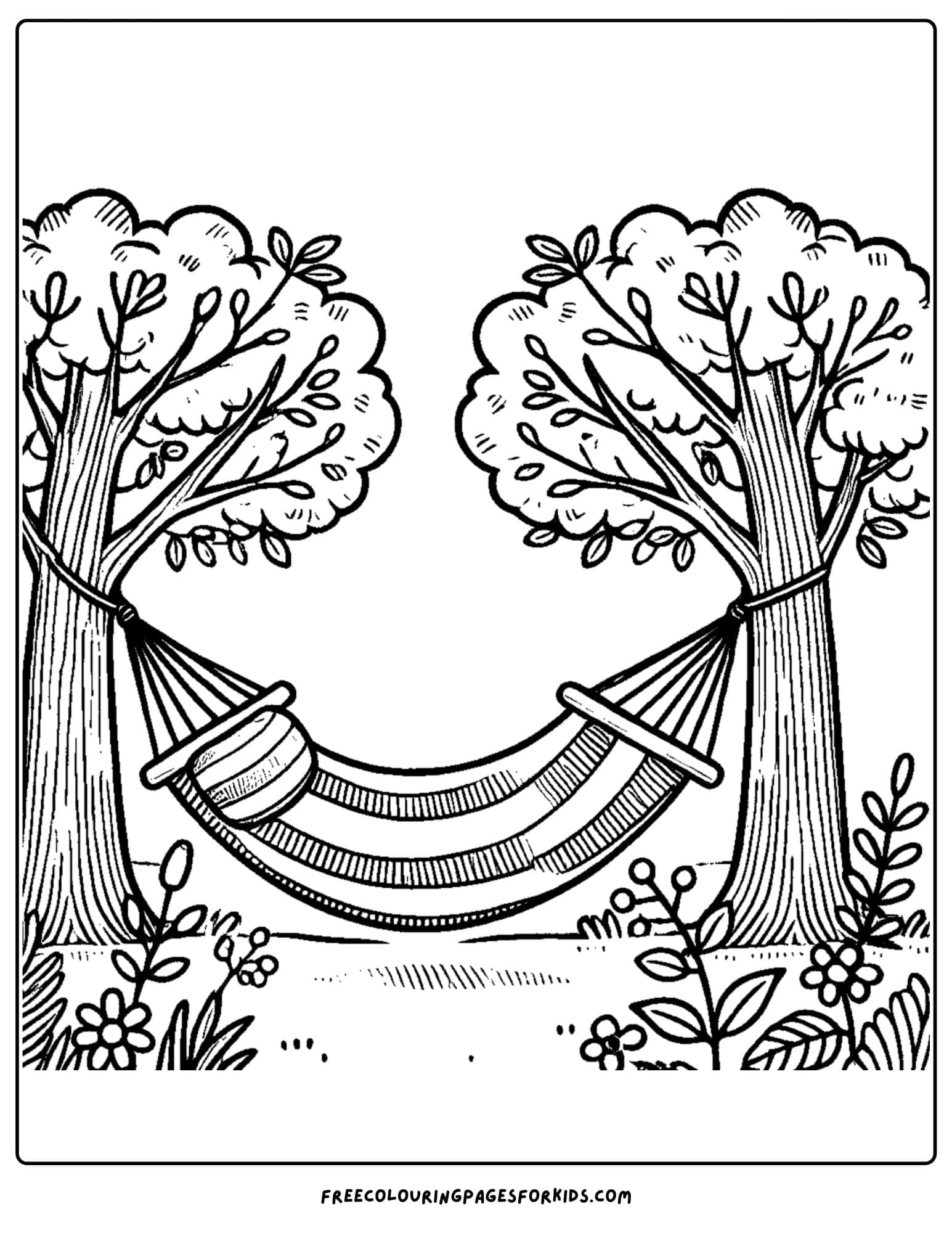 hammock in the garden tied between trees coloring page