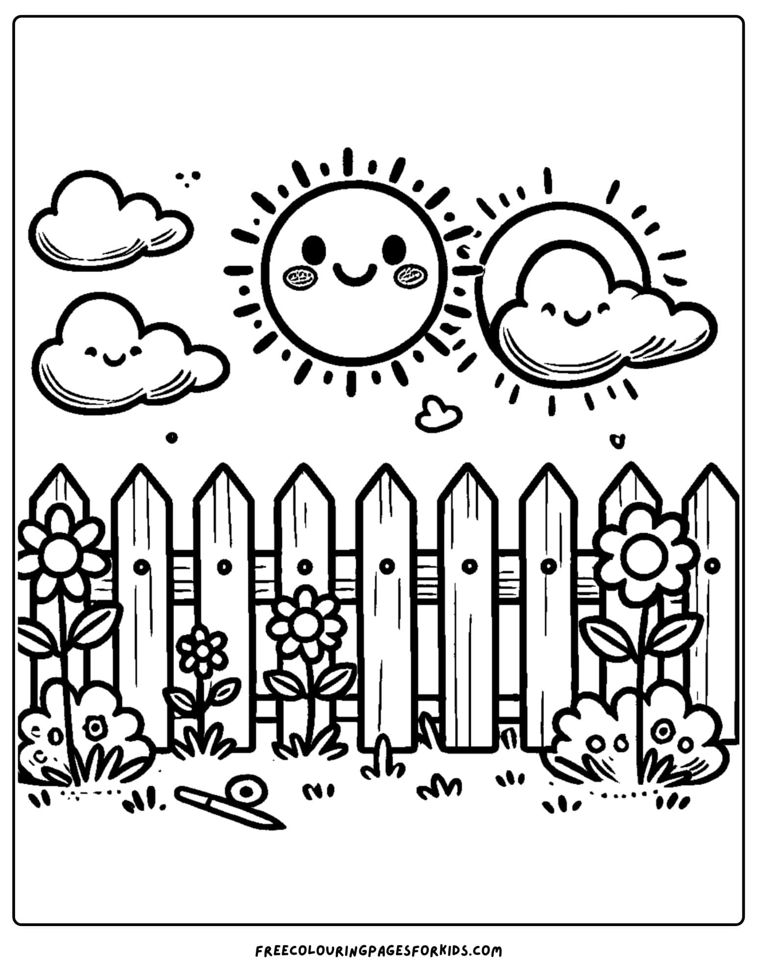 garden with a picket fence coloring page